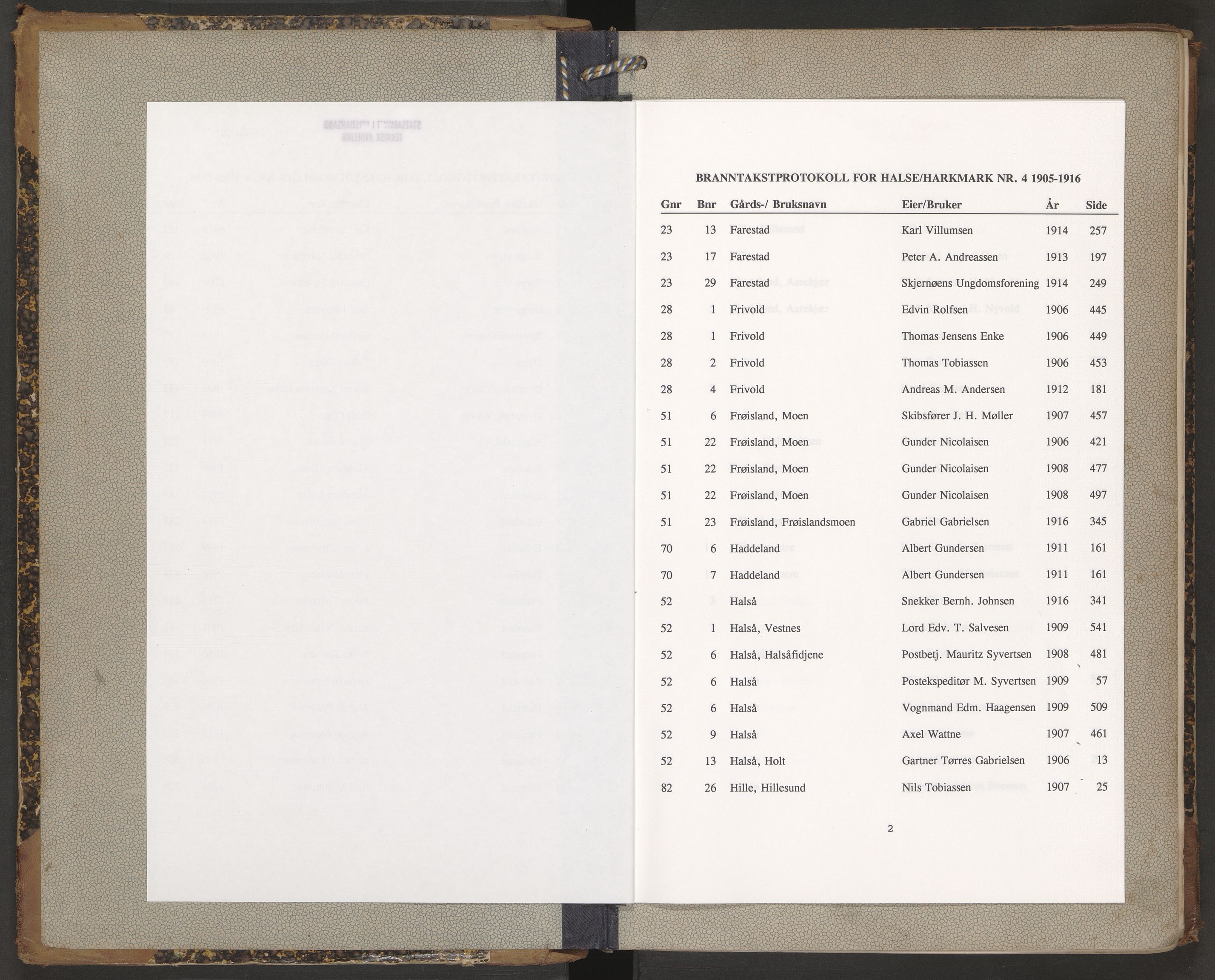 Norges Brannkasse Halse og Harkmark, AV/SAK-2241-0020/F/Fa/L0004: Branntakstprotokoll nr. 4 med gårdsnavnregister, 1905-1910