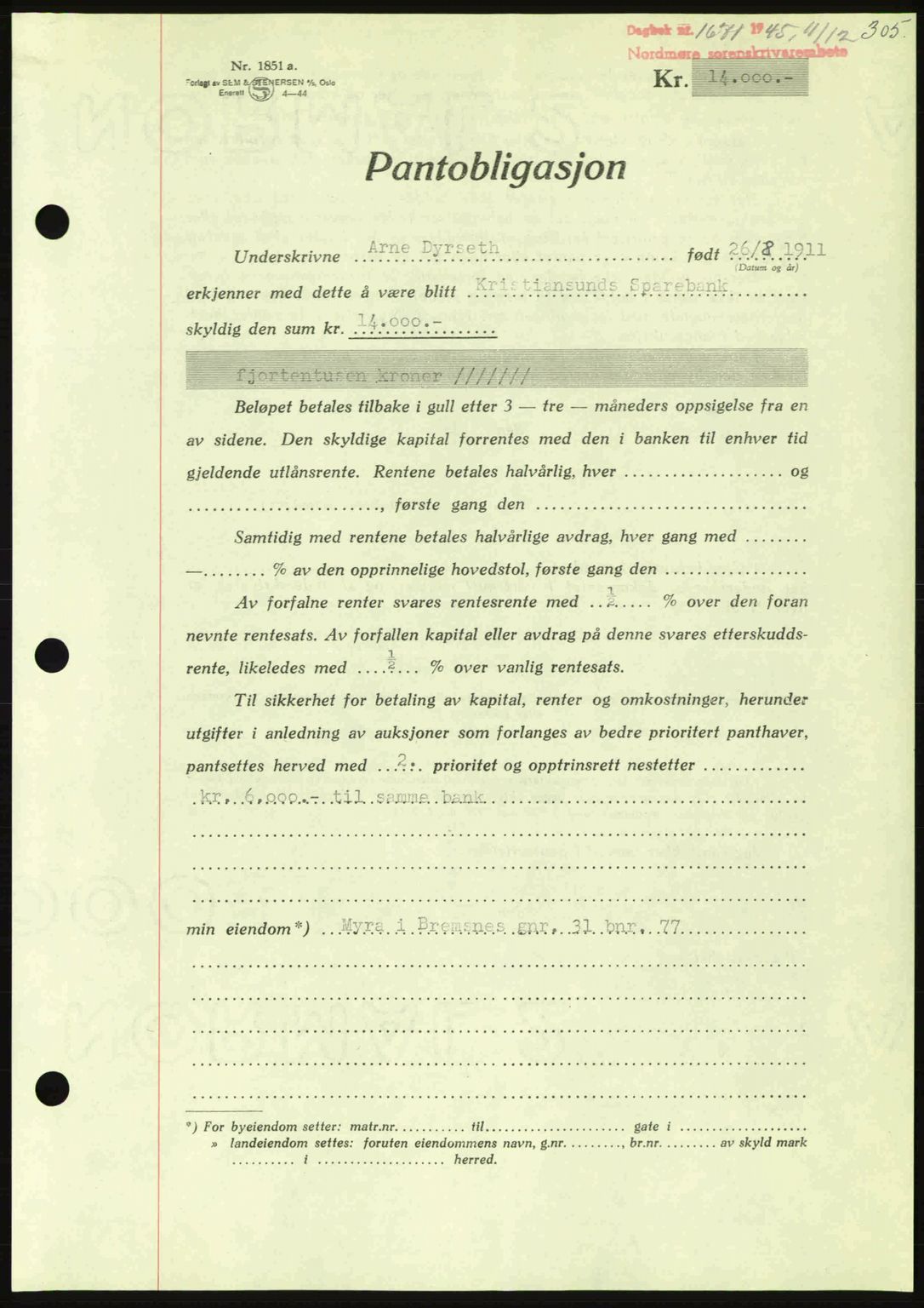 Nordmøre sorenskriveri, AV/SAT-A-4132/1/2/2Ca: Mortgage book no. B93a, 1945-1945, Diary no: : 1671/1945