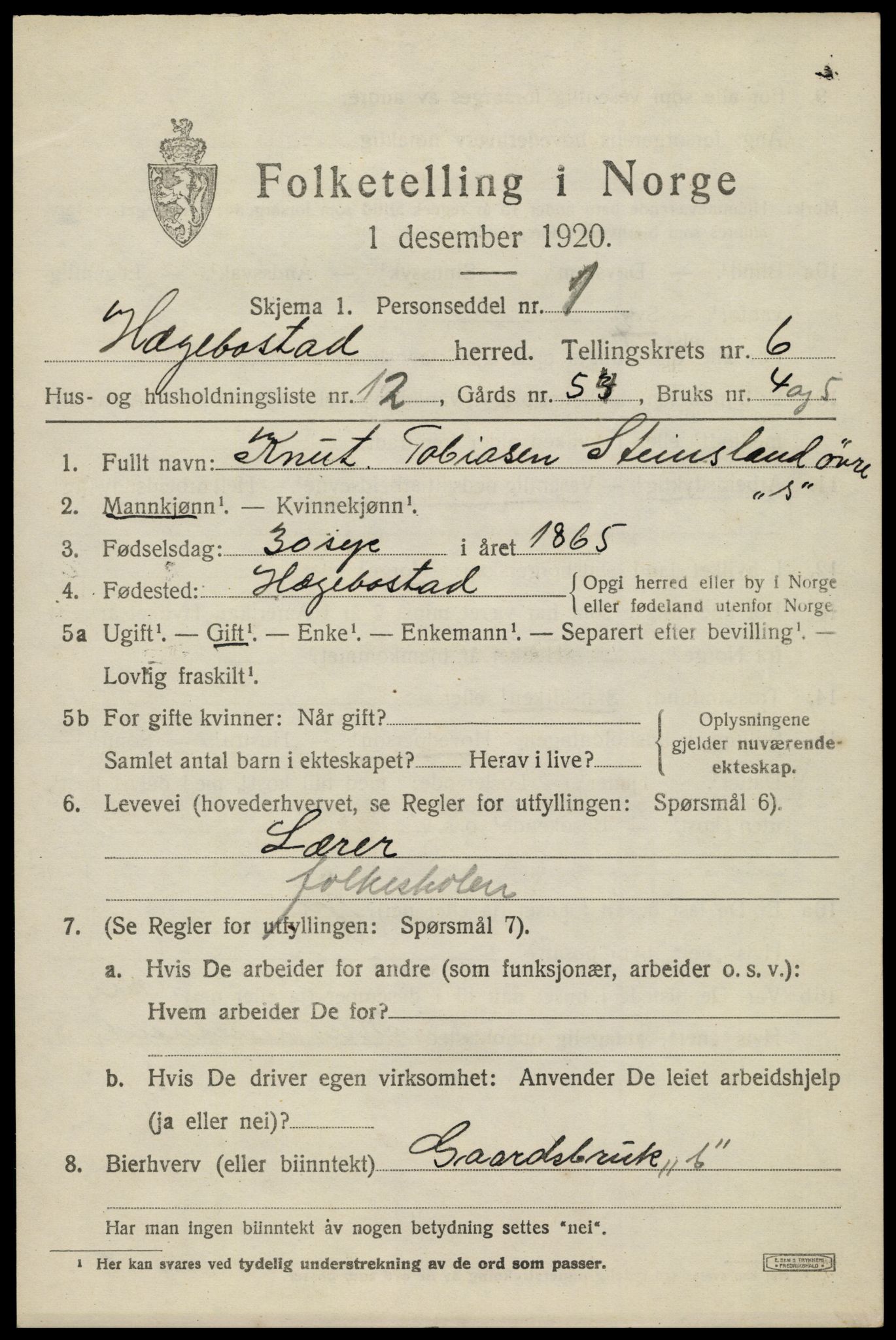 SAK, 1920 census for Hægebostad, 1920, p. 2081