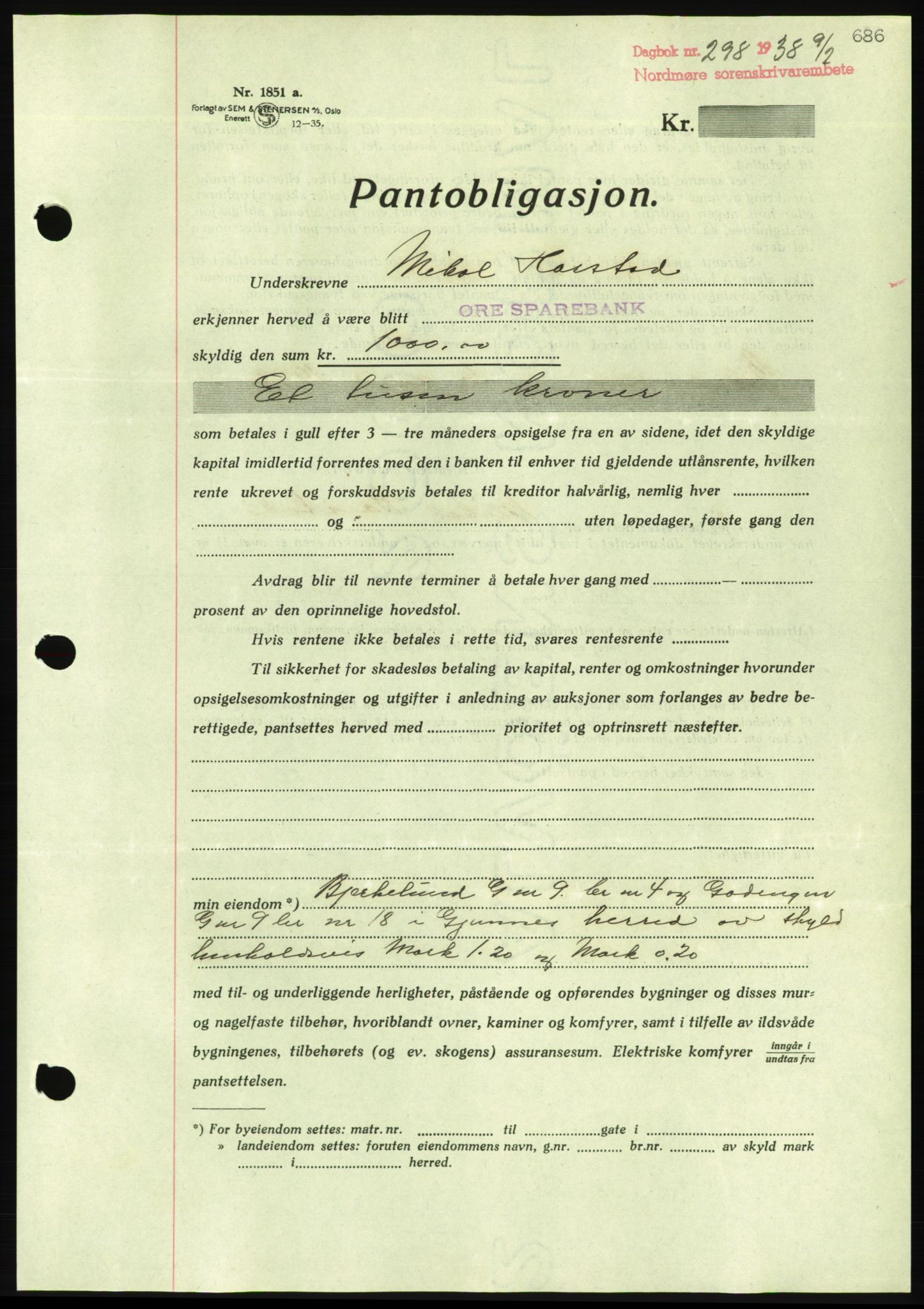 Nordmøre sorenskriveri, AV/SAT-A-4132/1/2/2Ca/L0092: Mortgage book no. B82, 1937-1938, Diary no: : 298/1938