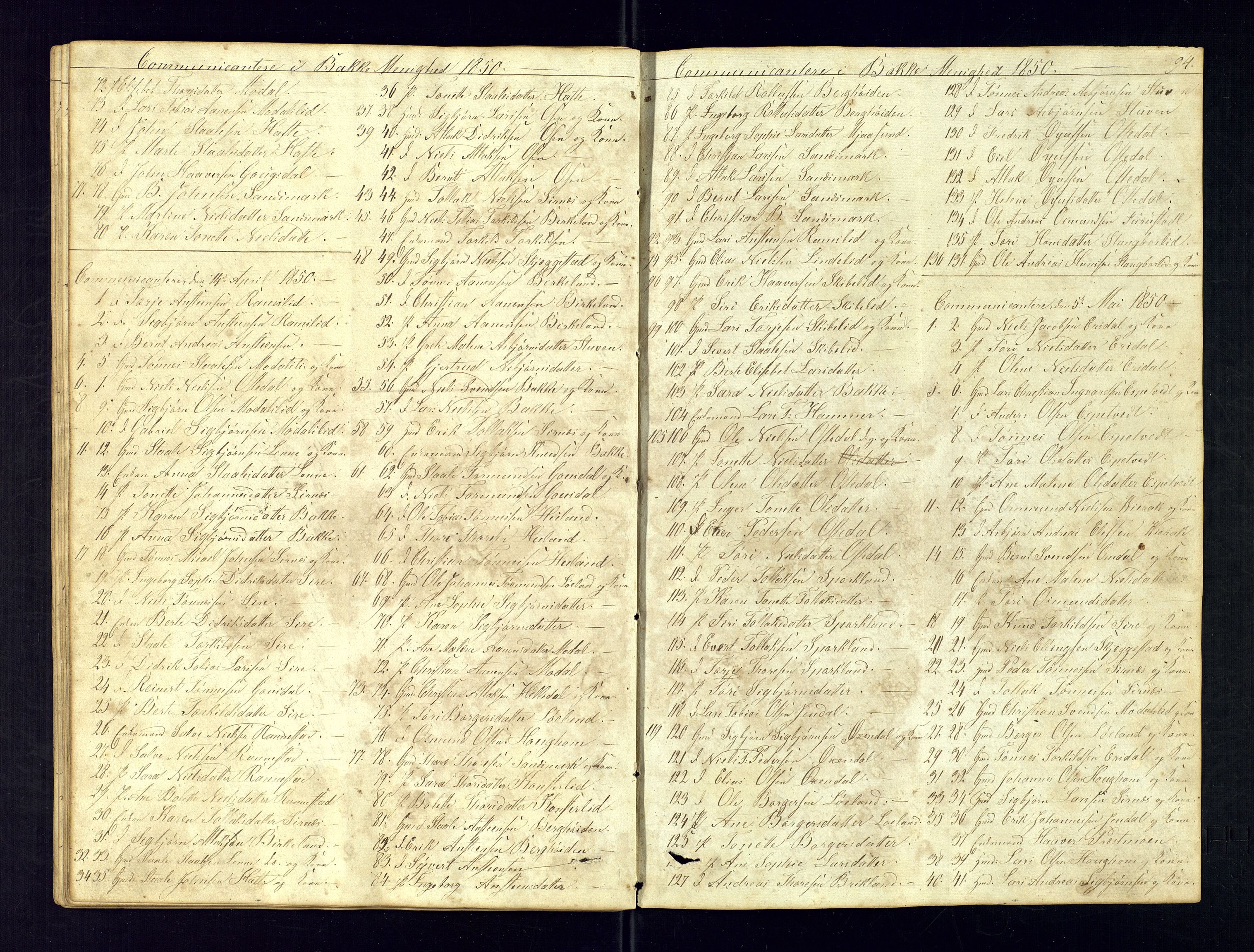 Bakke sokneprestkontor, SAK/1111-0002/F/Fc/Fca/L0004: Communicants register no. C-4, 1838-1861, p. 94