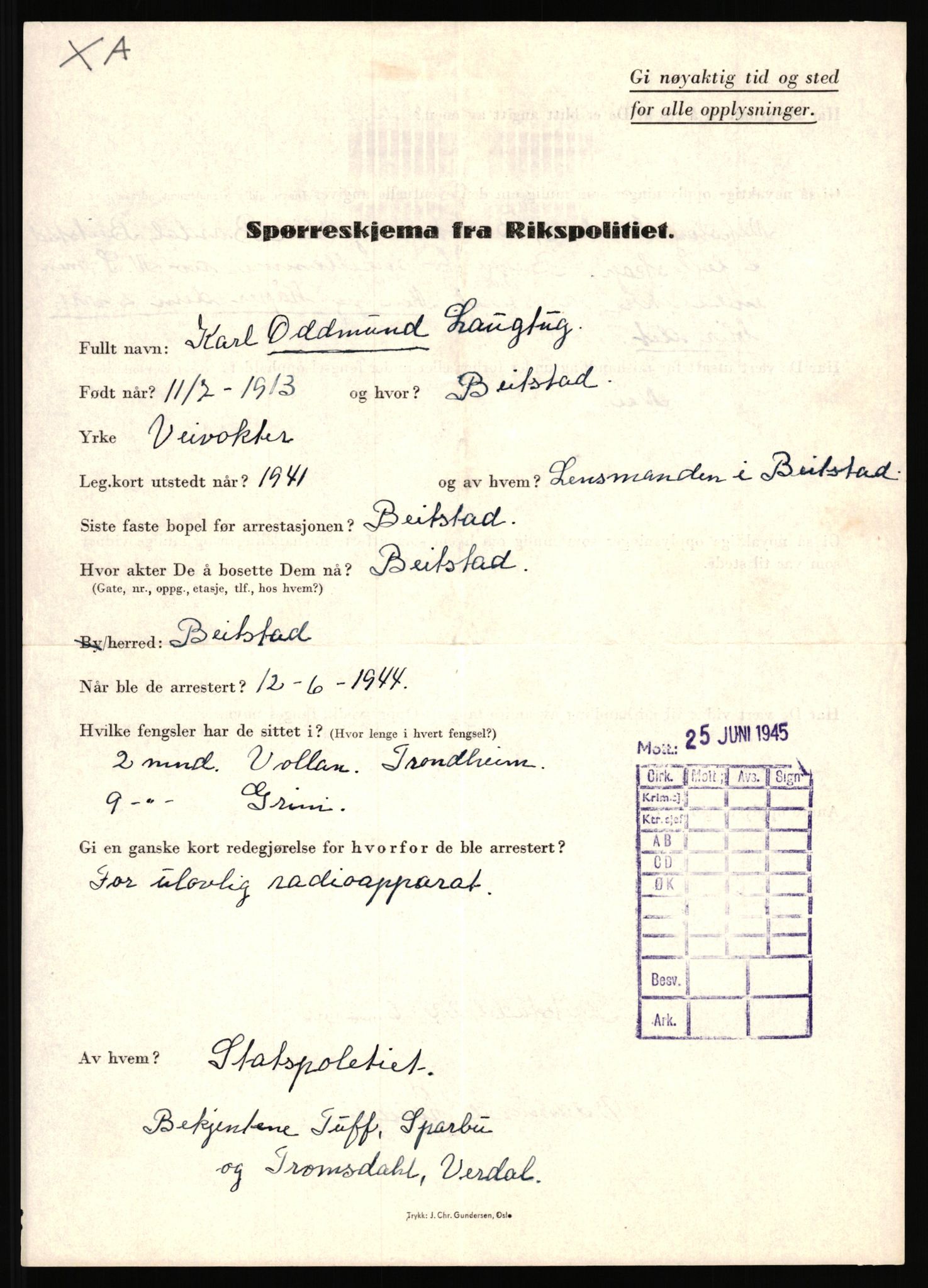 Rikspolitisjefen, AV/RA-S-1560/L/L0010: Kristianslund, Charles Ragnvald - Losvik, Einar, 1940-1945, p. 726