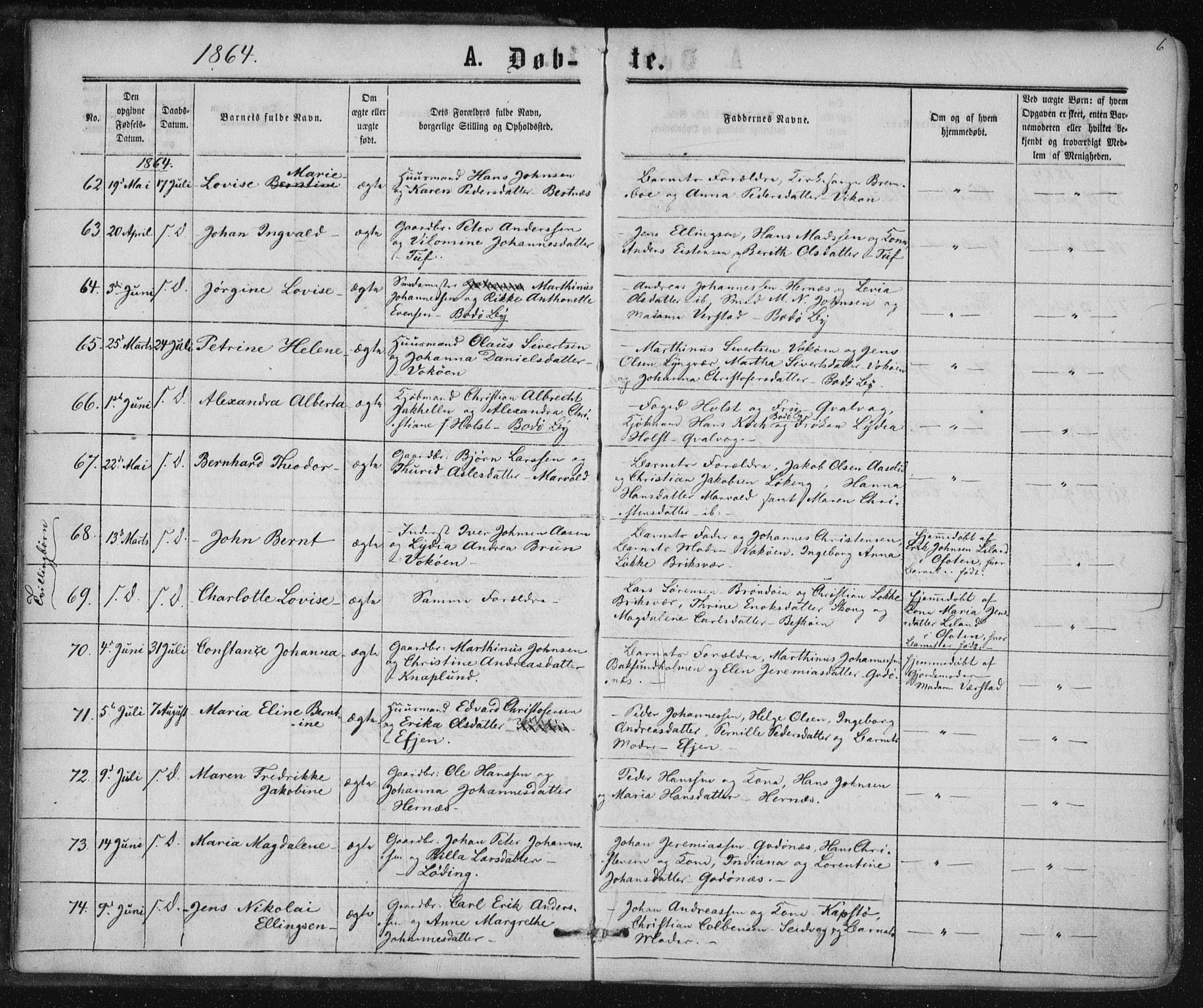 Ministerialprotokoller, klokkerbøker og fødselsregistre - Nordland, AV/SAT-A-1459/801/L0008: Parish register (official) no. 801A08, 1864-1875, p. 6