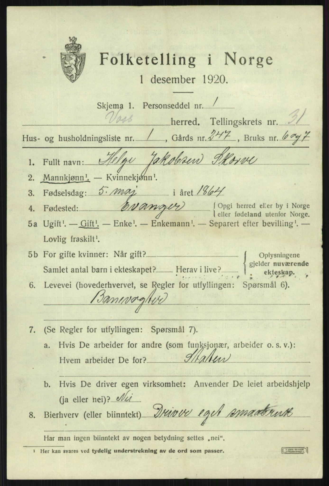 SAB, 1920 census for Voss, 1920, p. 19919