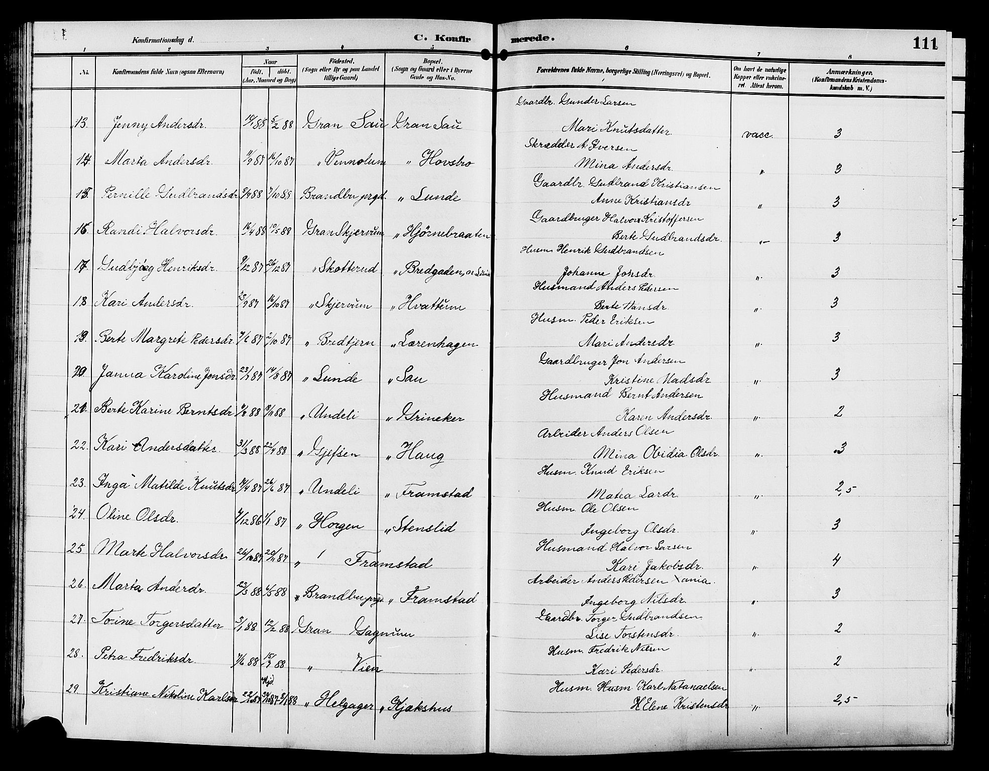 Gran prestekontor, SAH/PREST-112/H/Ha/Hab/L0006: Parish register (copy) no. 6, 1901-1911, p. 111