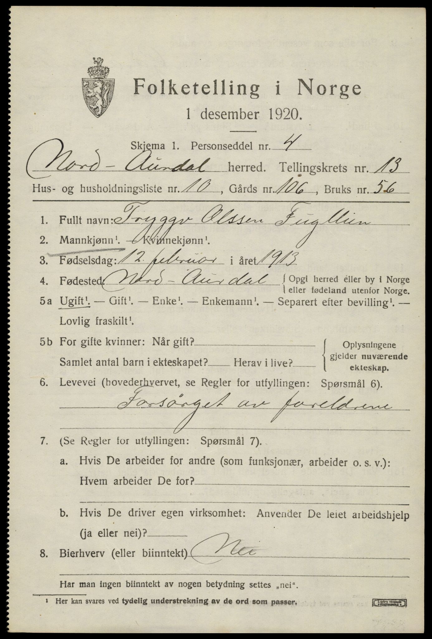 SAH, 1920 census for Nord-Aurdal, 1920, p. 10578