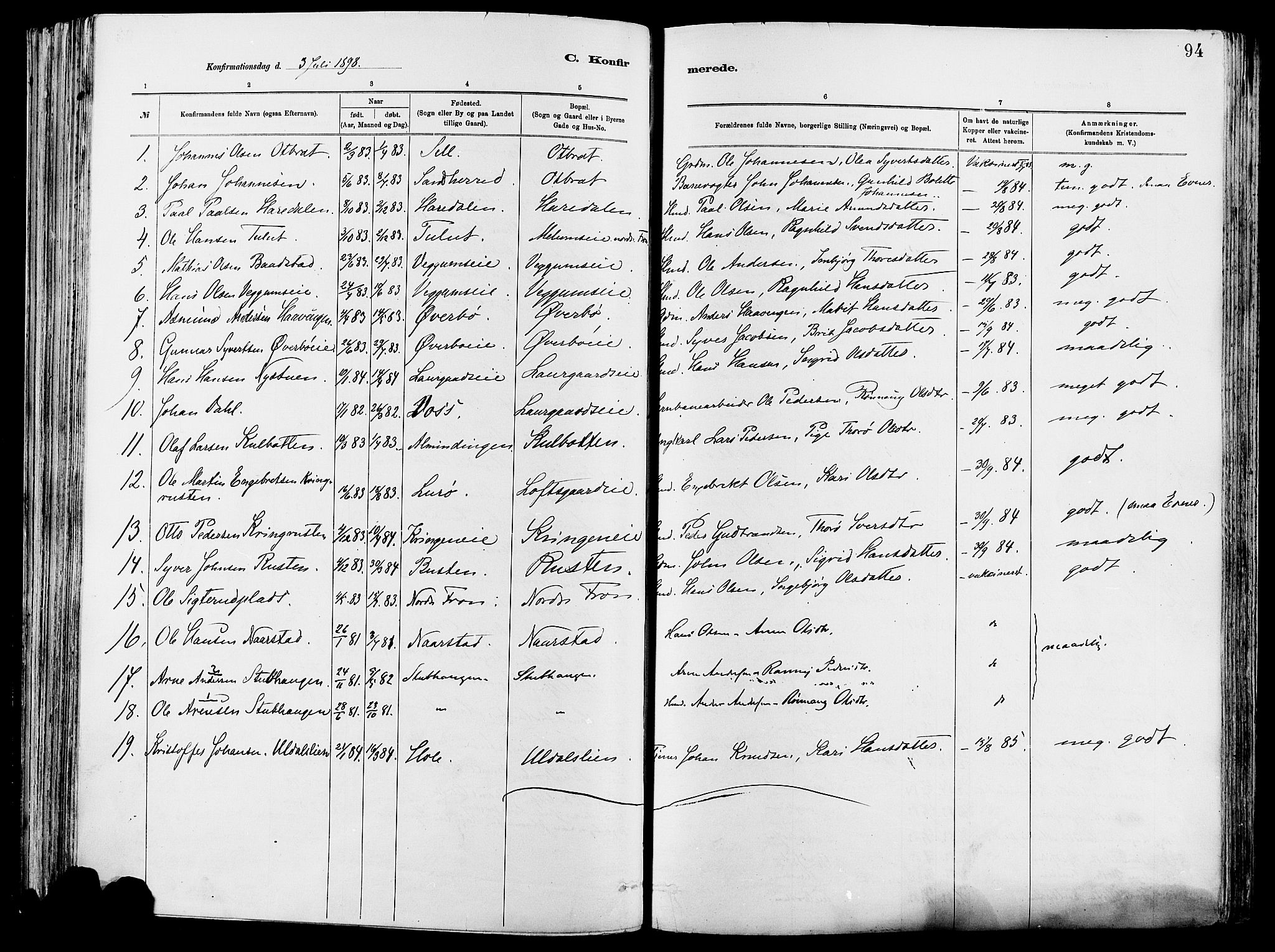 Vågå prestekontor, SAH/PREST-076/H/Ha/Haa/L0008: Parish register (official) no. 8, 1886-1904, p. 94
