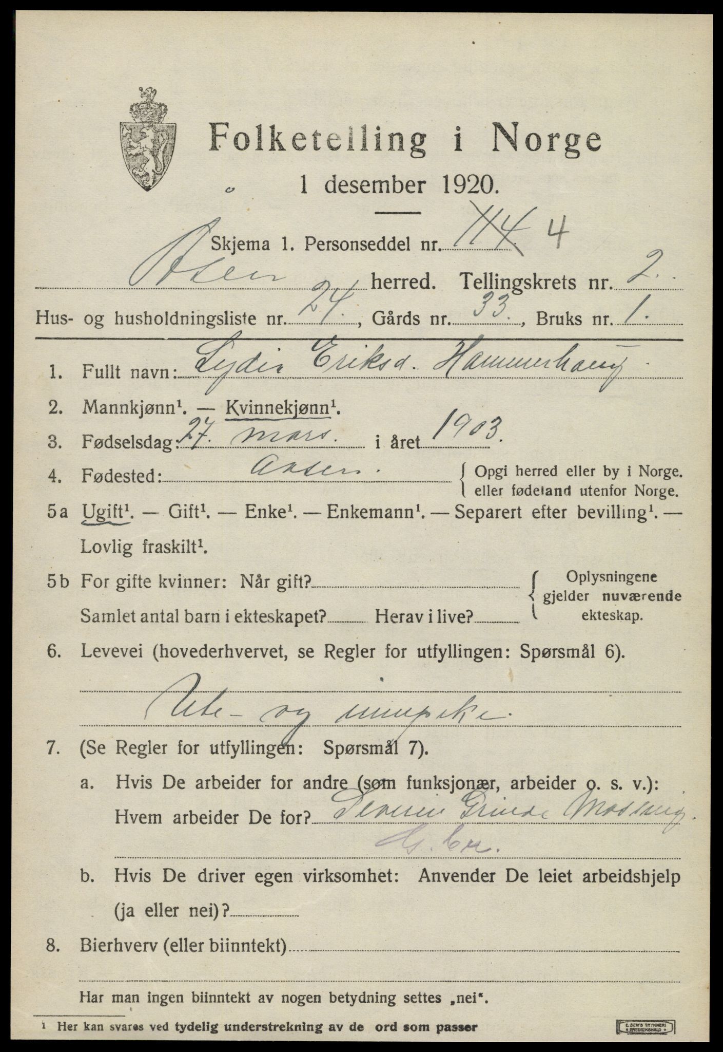 SAT, 1920 census for Åsen, 1920, p. 1934