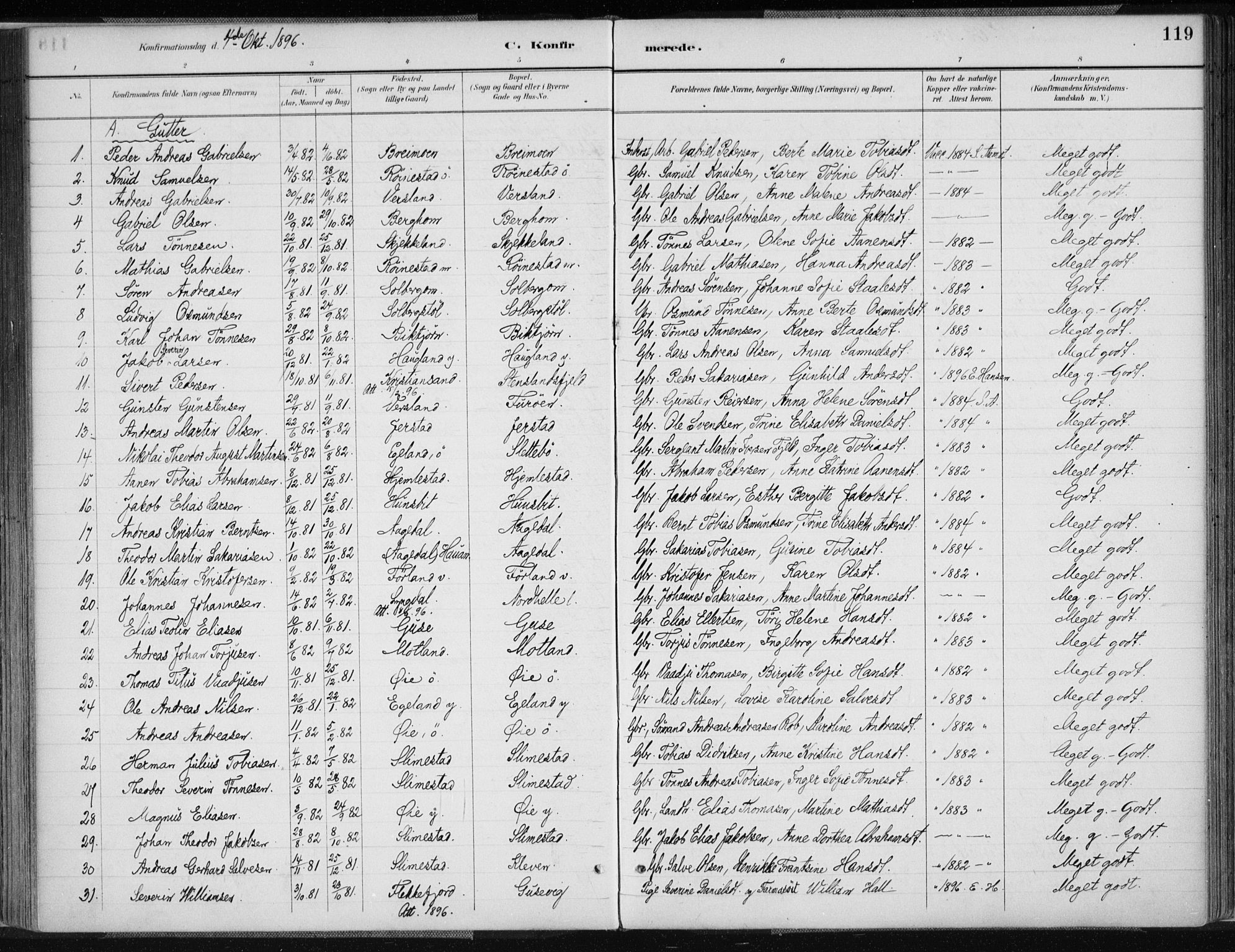 Kvinesdal sokneprestkontor, AV/SAK-1111-0026/F/Fa/Fab/L0008: Parish register (official) no. A 8, 1886-1897, p. 119