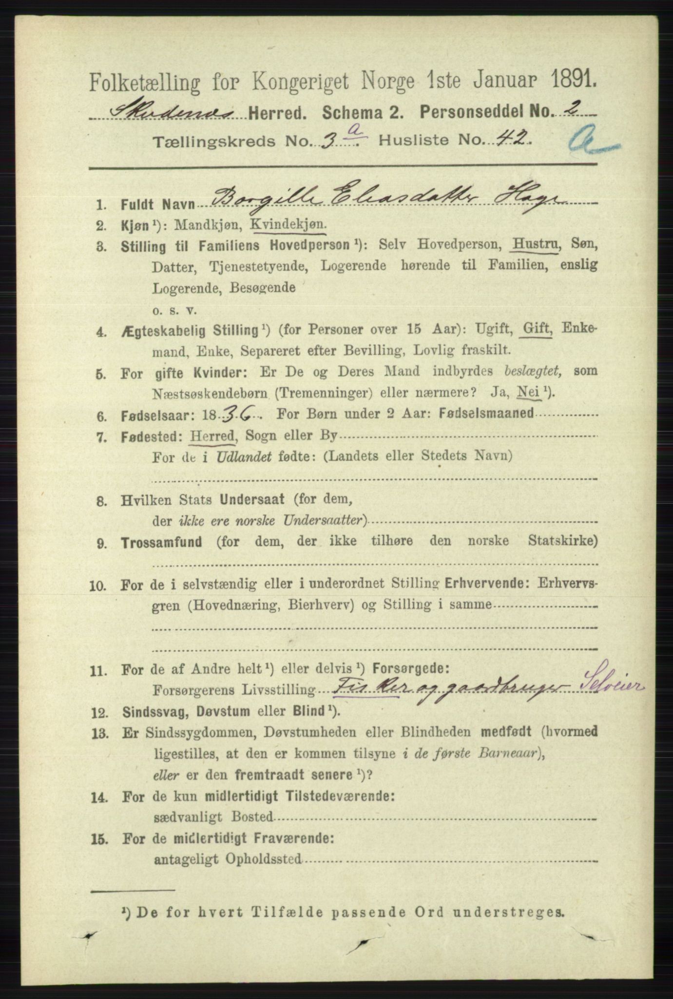 RA, 1891 census for 1150 Skudenes, 1891, p. 1605