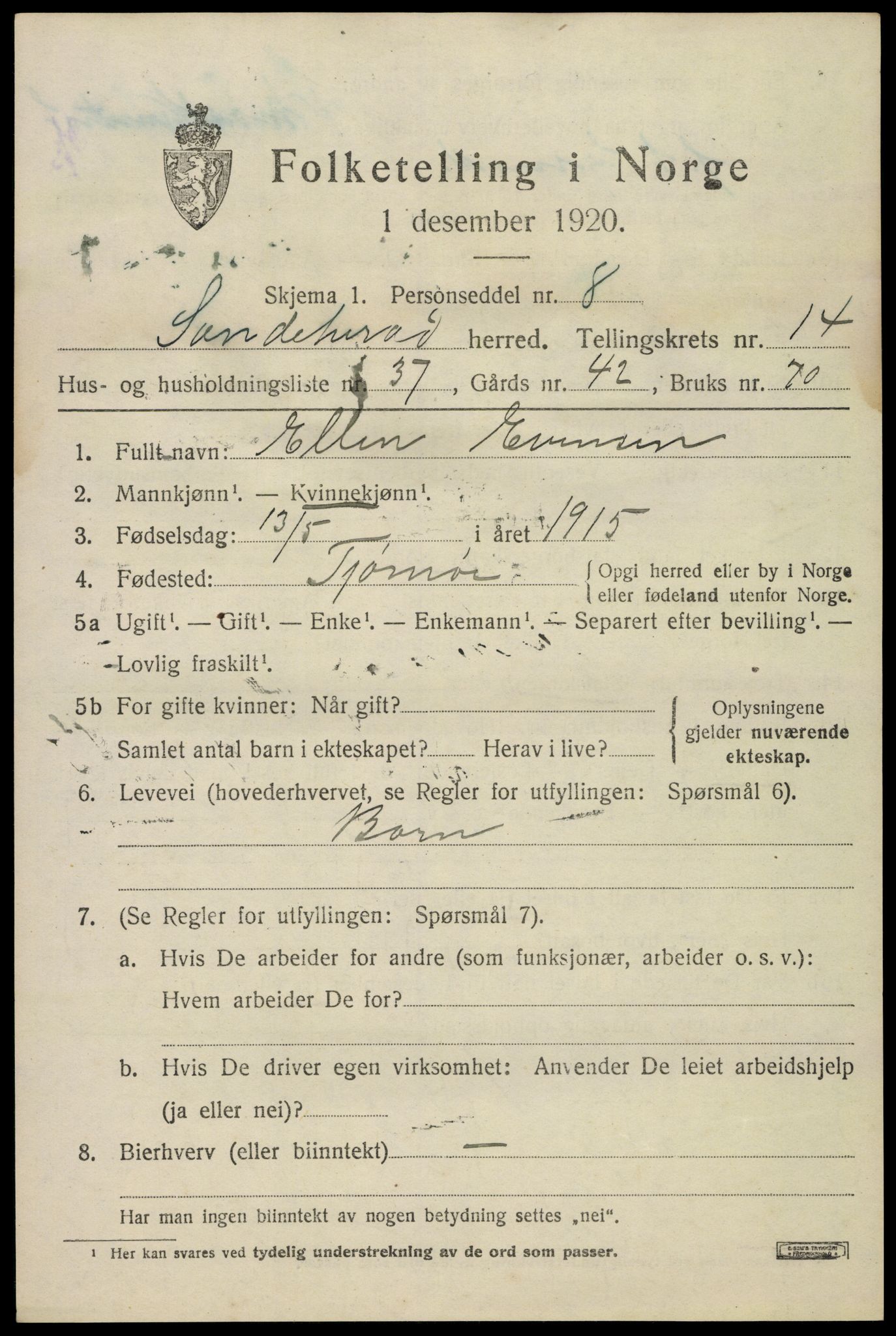 SAKO, 1920 census for Sandeherred, 1920, p. 20694