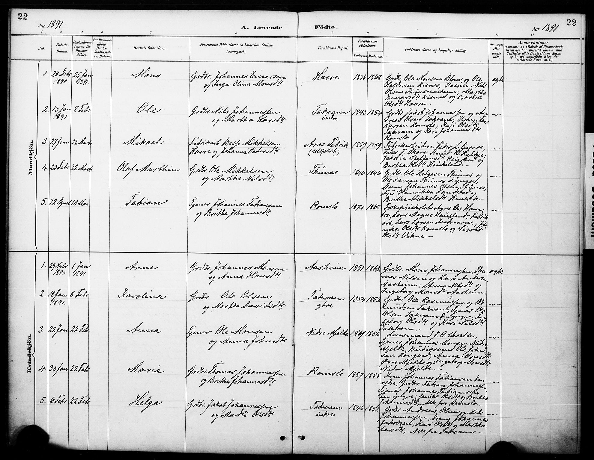 Haus sokneprestembete, AV/SAB-A-75601/H/Haa: Parish register (official) no. B 1, 1887-1898, p. 22