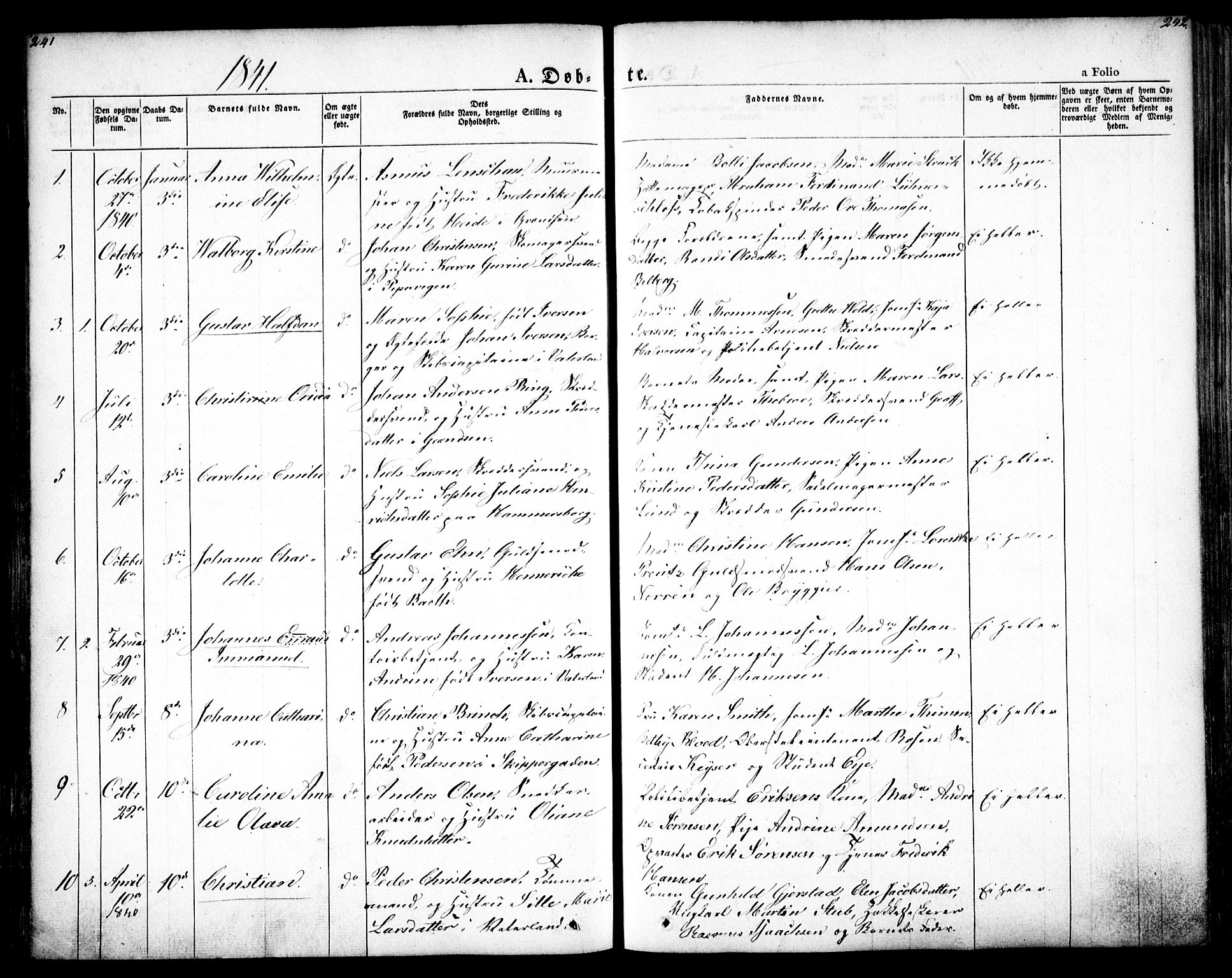 Oslo domkirke Kirkebøker, SAO/A-10752/F/Fa/L0012: Parish register (official) no. 12, 1837-1845, p. 241-242