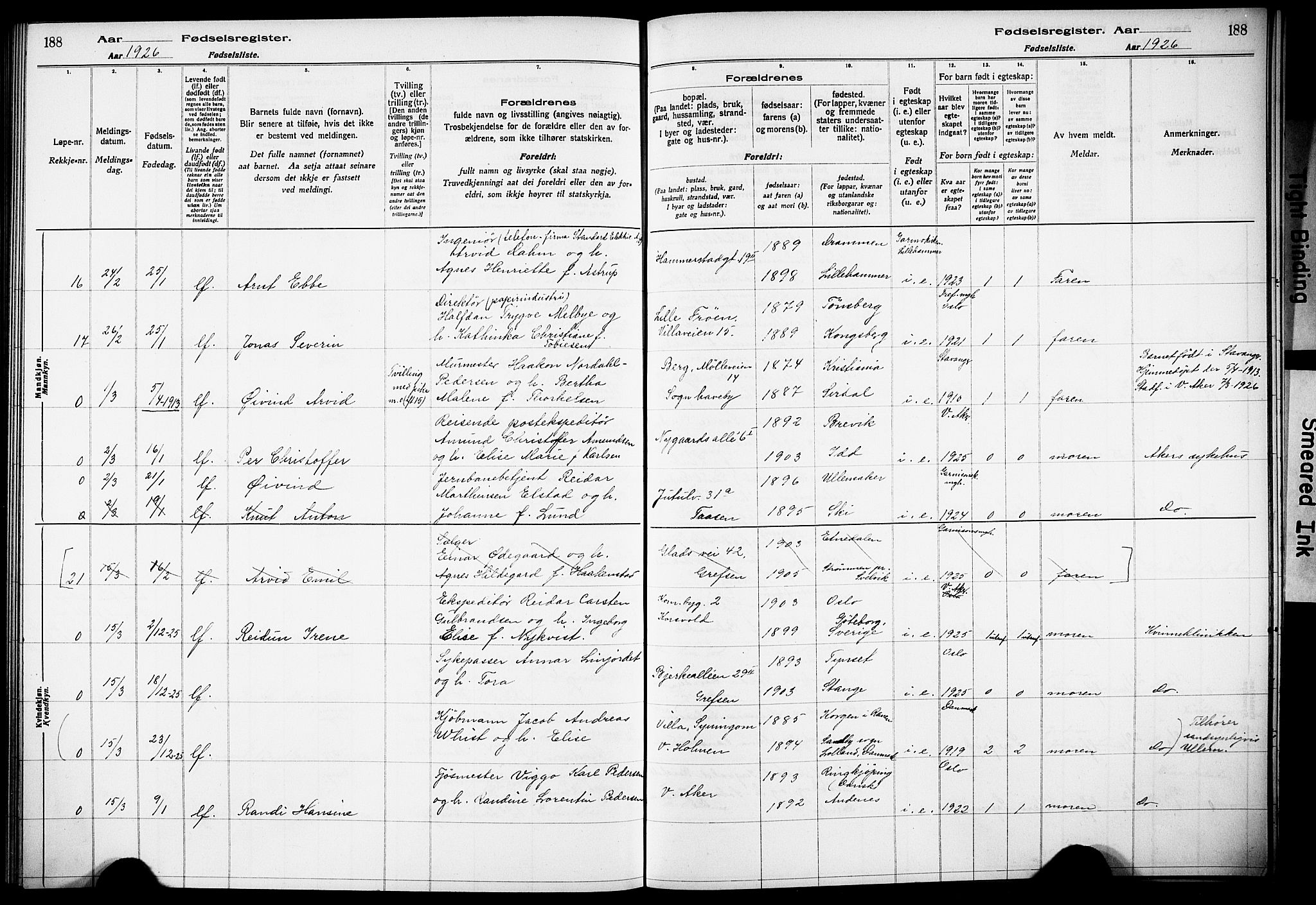 Vestre Aker prestekontor Kirkebøker, AV/SAO-A-10025/J/Ja/L0002: Birth register no. 2, 1922-1926, p. 188