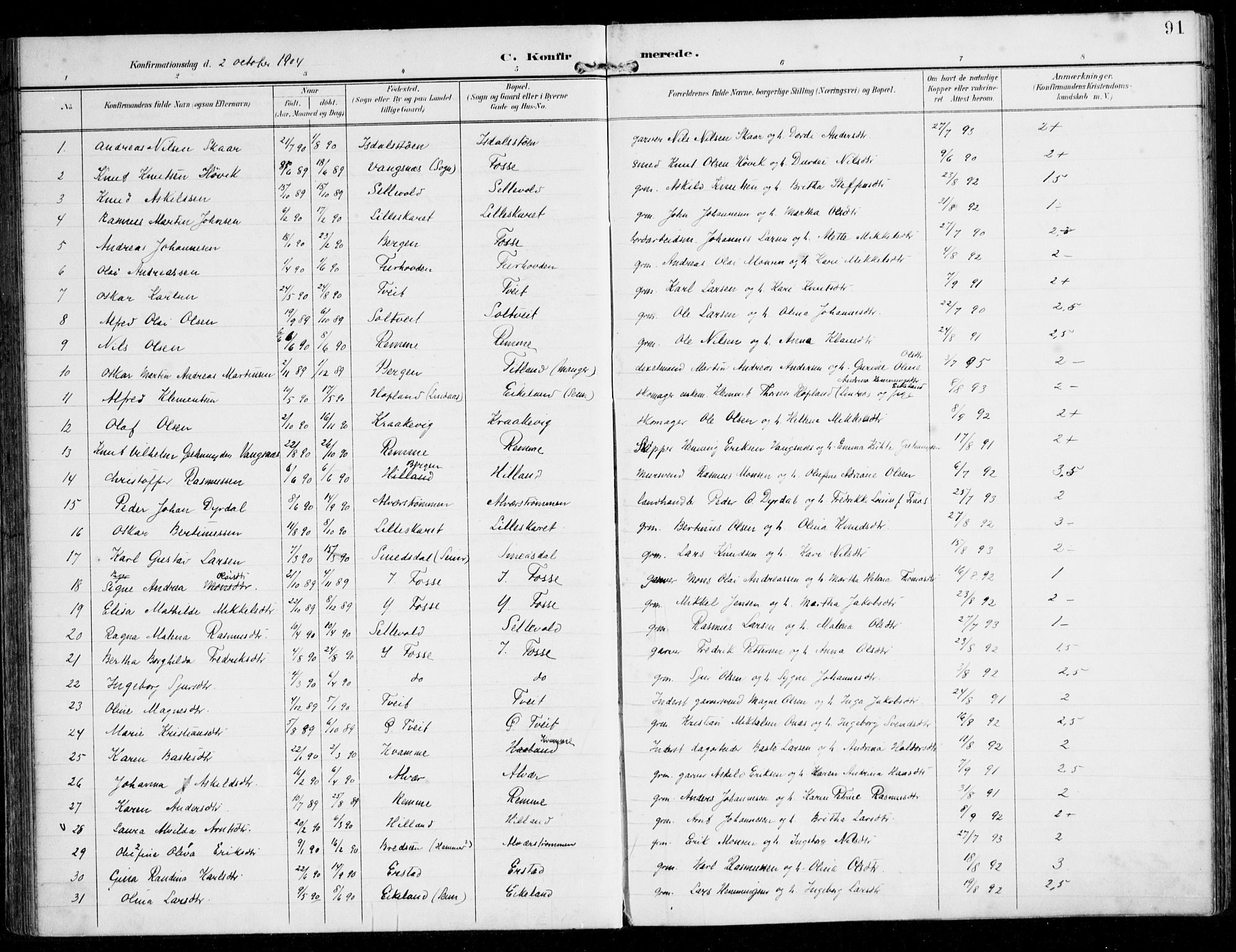 Alversund Sokneprestembete, AV/SAB-A-73901/H/Ha/Haa/Haaa/L0003: Parish register (official) no. A 3, 1897-1926, p. 91