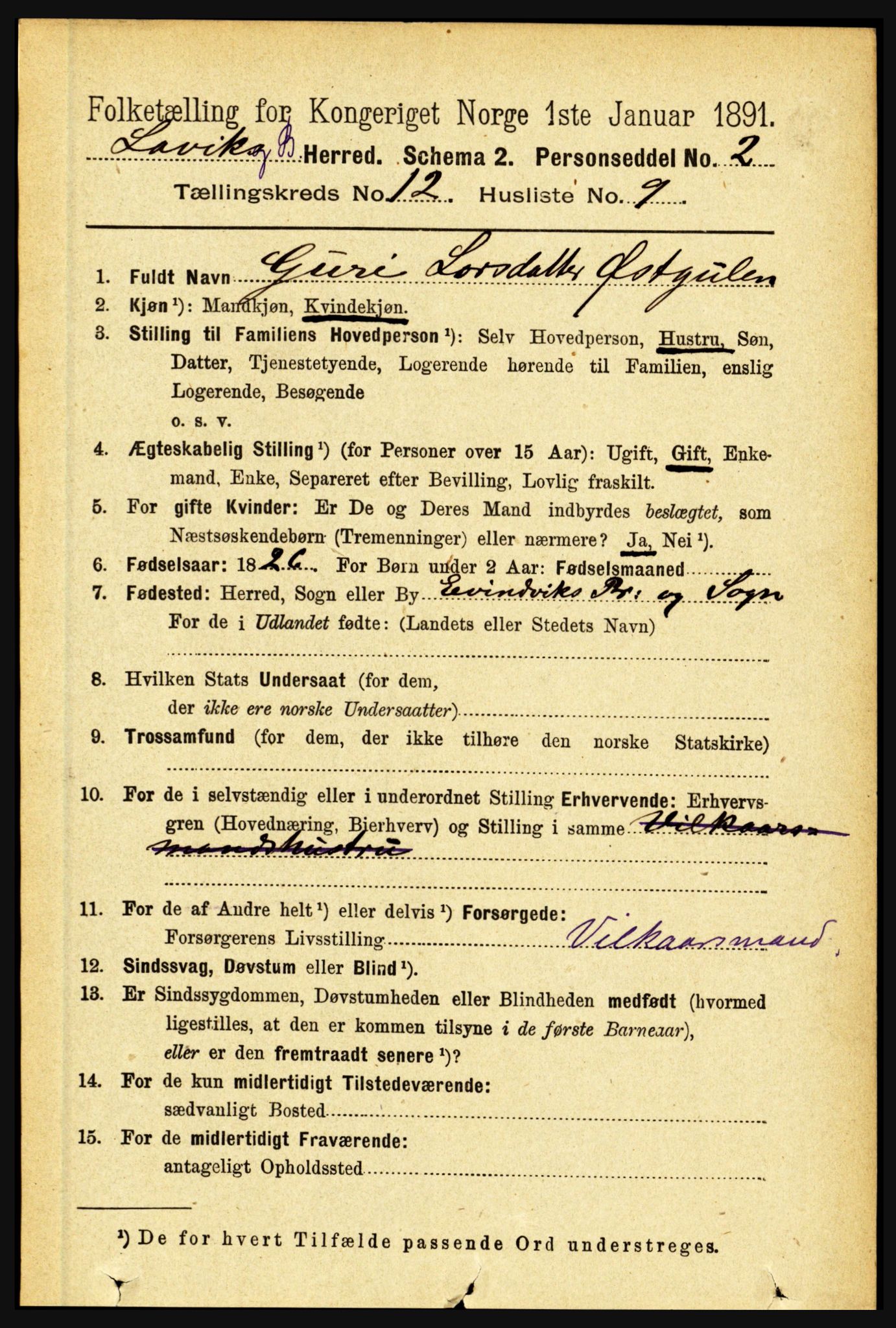 RA, 1891 census for 1415 Lavik og Brekke, 1891, p. 2410