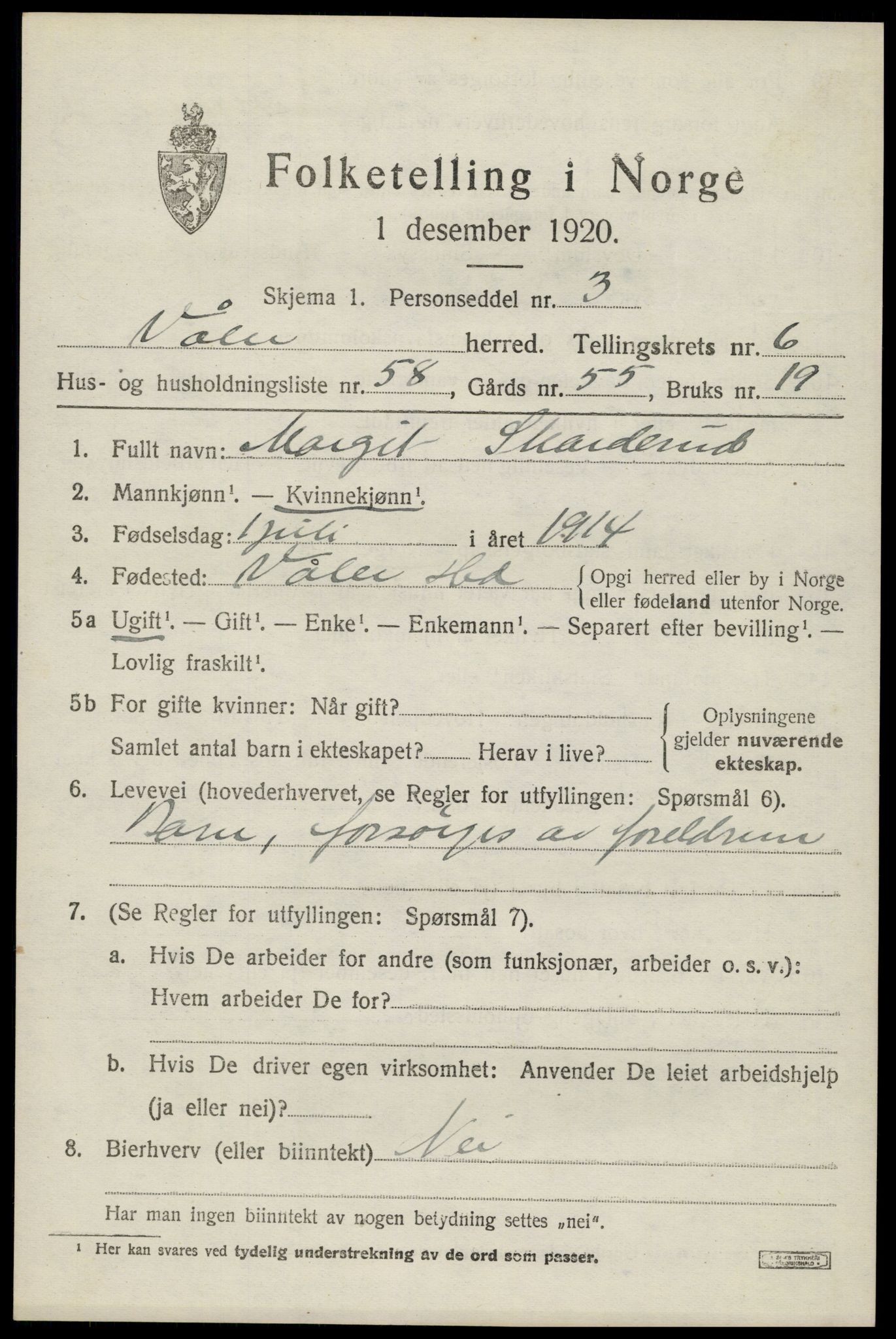 SAH, 1920 census for Våler (Hedmark), 1920, p. 7413