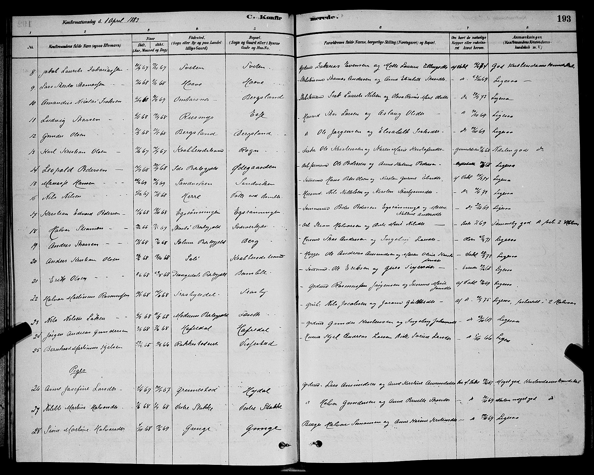 Bamble kirkebøker, SAKO/A-253/G/Ga/L0008: Parish register (copy) no. I 8, 1878-1888, p. 193