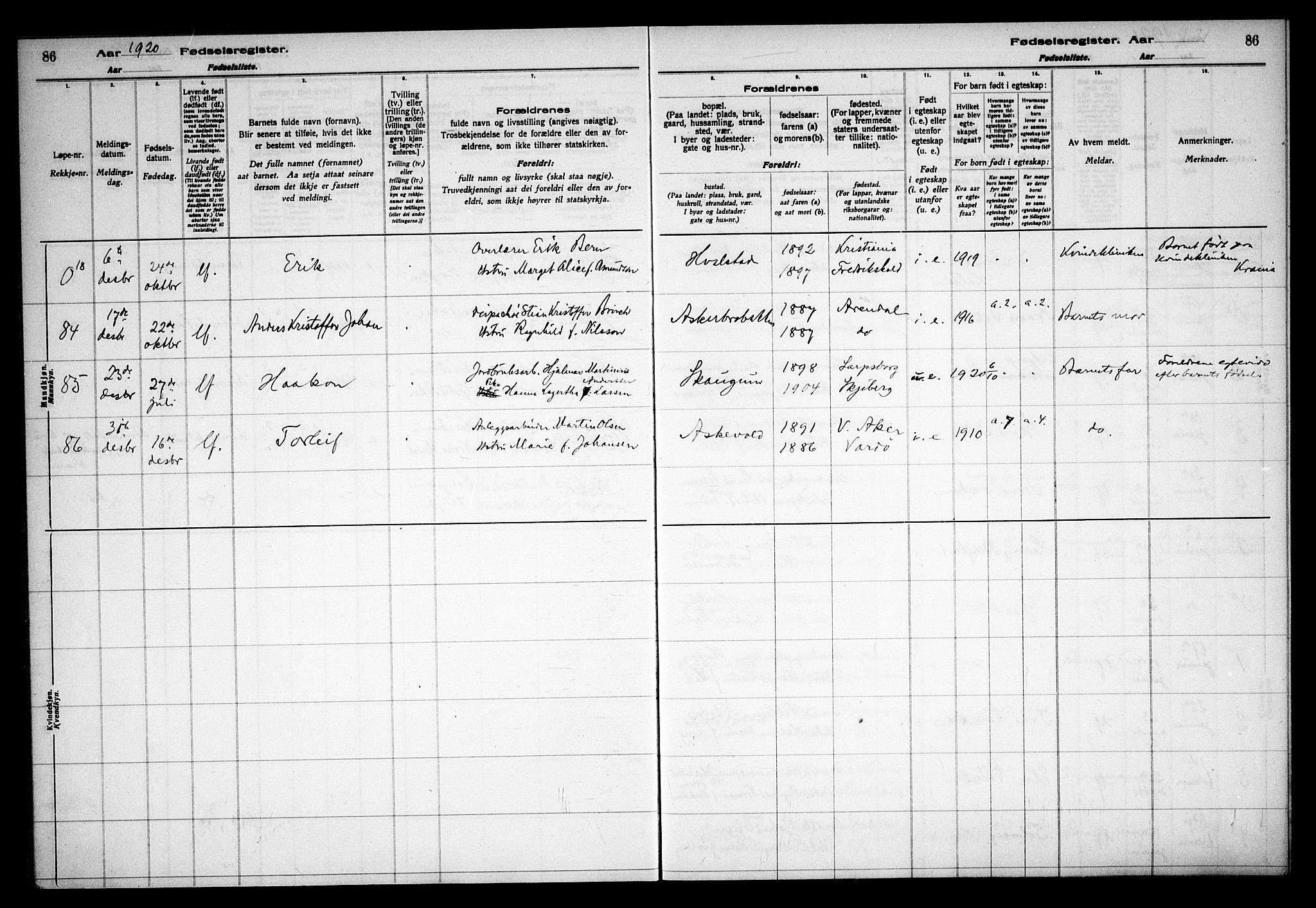 Asker prestekontor Kirkebøker, SAO/A-10256a/J/L0001: Birth register no. 1, 1916-1925, p. 86