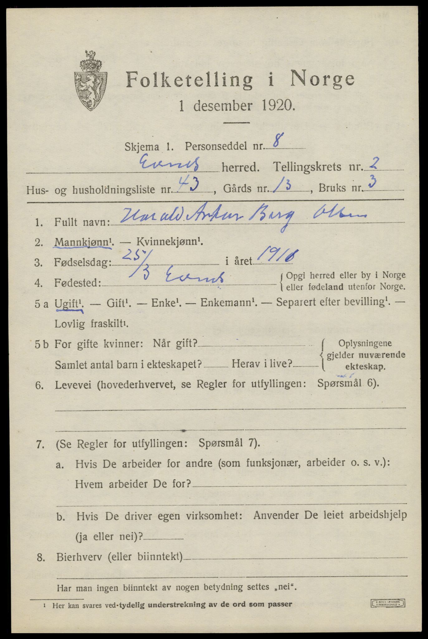 SAT, 1920 census for Evenes, 1920, p. 2944