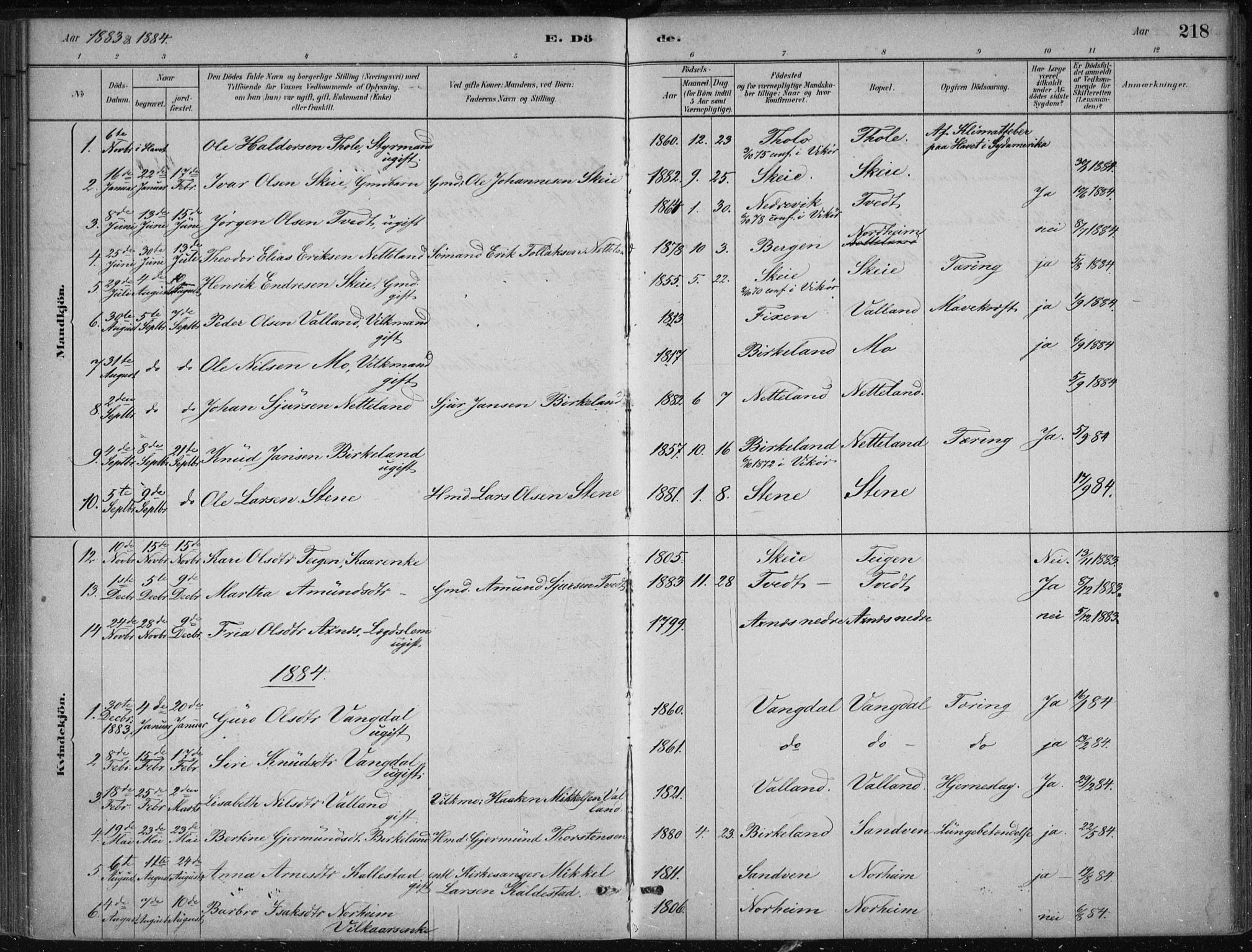 Kvam sokneprestembete, SAB/A-76201/H/Haa: Parish register (official) no. B  1, 1880-1908, p. 218
