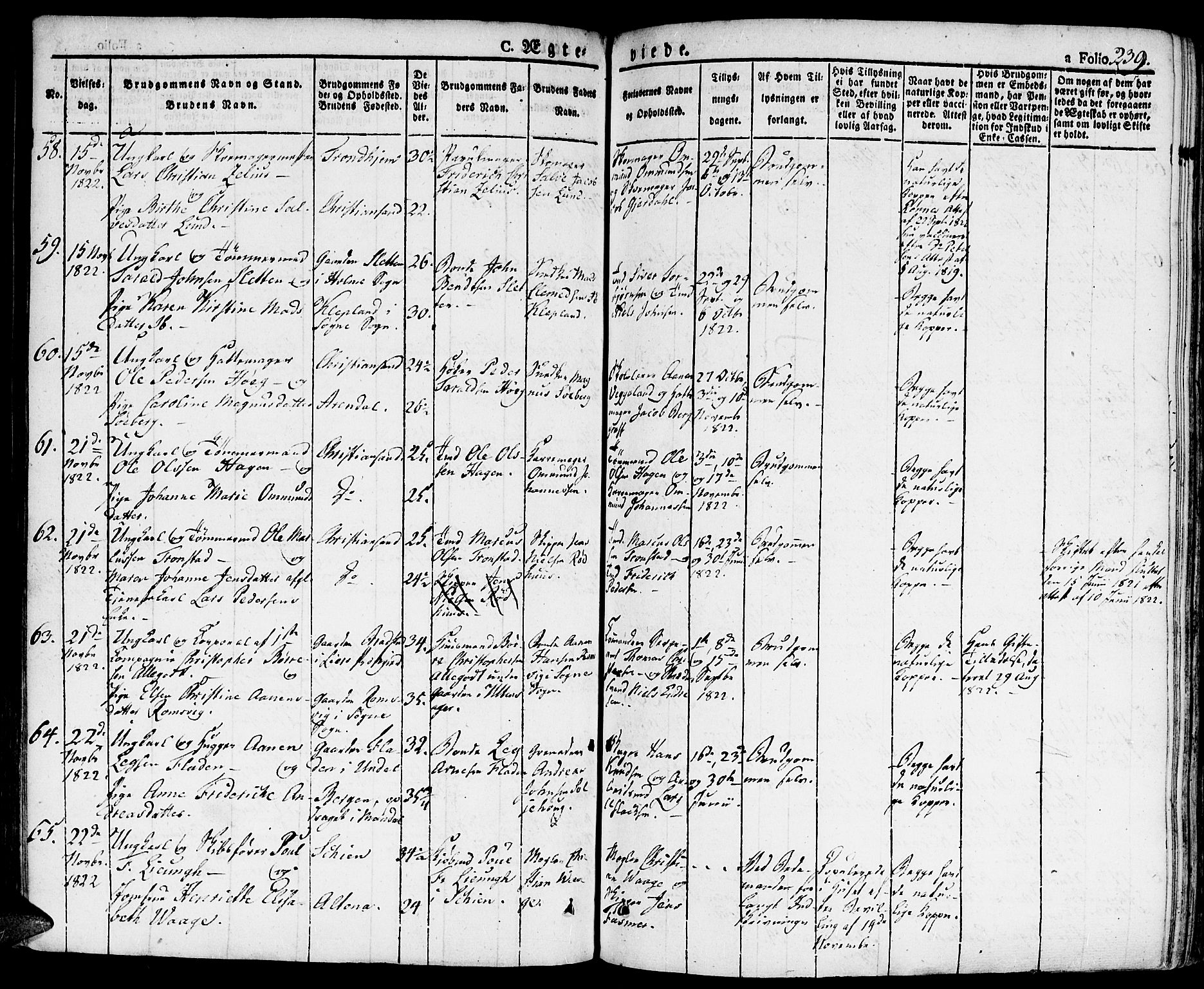 Kristiansand domprosti, SAK/1112-0006/F/Fa/L0009: Parish register (official) no. A 9, 1821-1827, p. 239