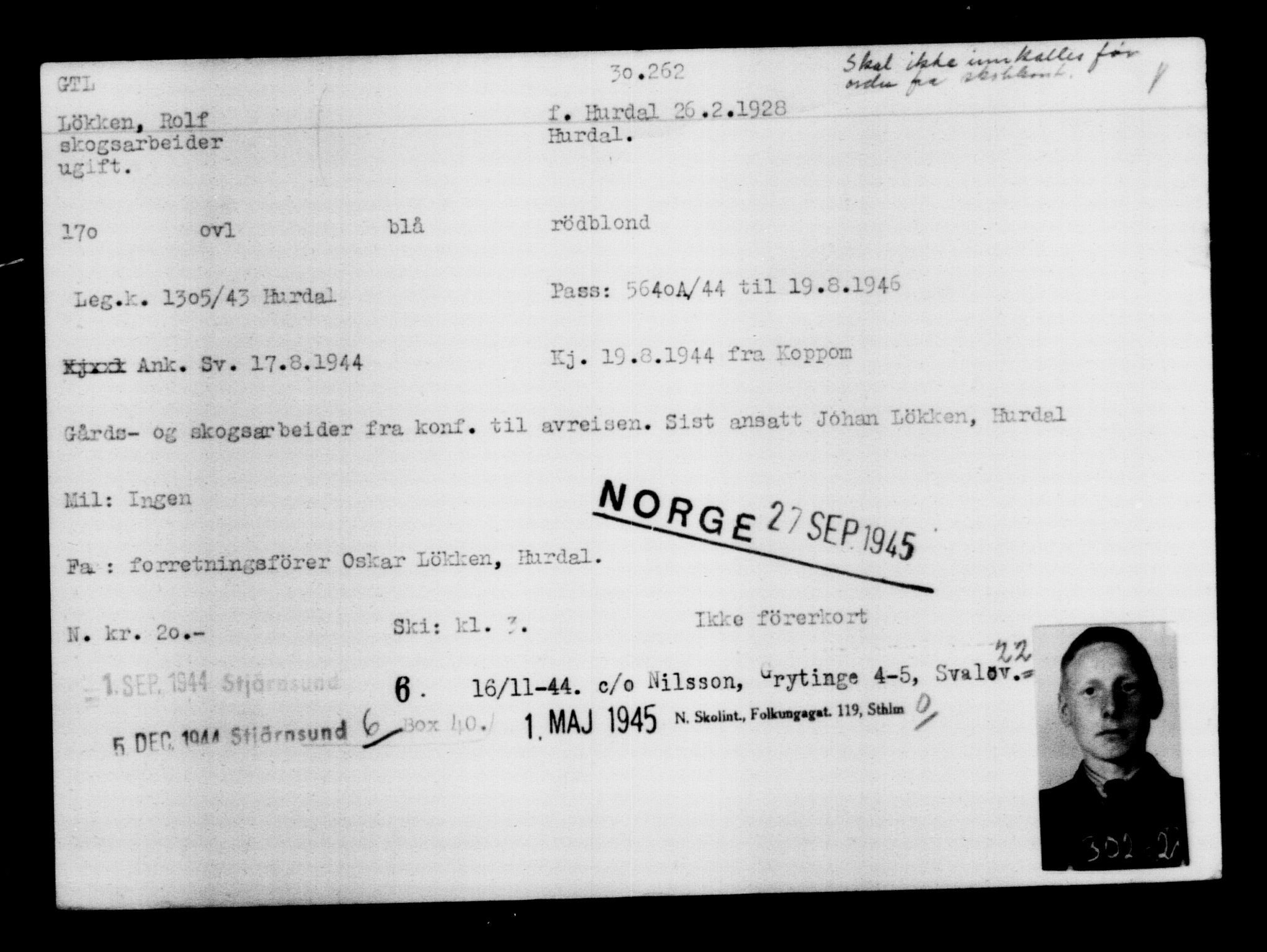 Utenriksstasjonene, Legasjonen i Stockholm, Flyktningkontoret, AV/RA-S-6753/V/Va/L0012: Kjesäterkartoteket, flyktninger med registreringsnr. 28300-31566, 1940-1945, p. 2156