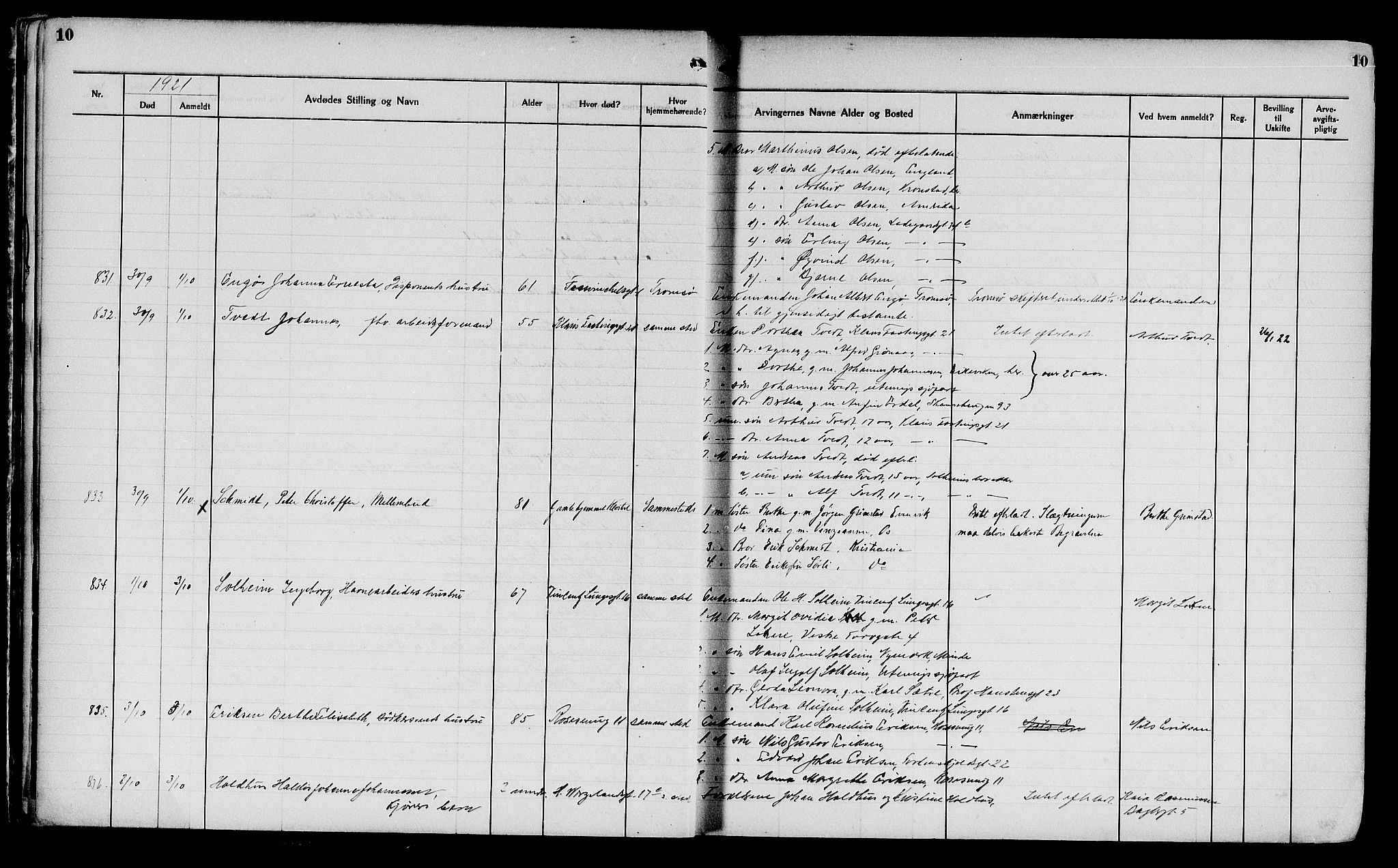 Byfogd og Byskriver i Bergen, AV/SAB-A-3401/06/06Na/L0014: Dødsfallsjournaler, 1921-1924, p. 10