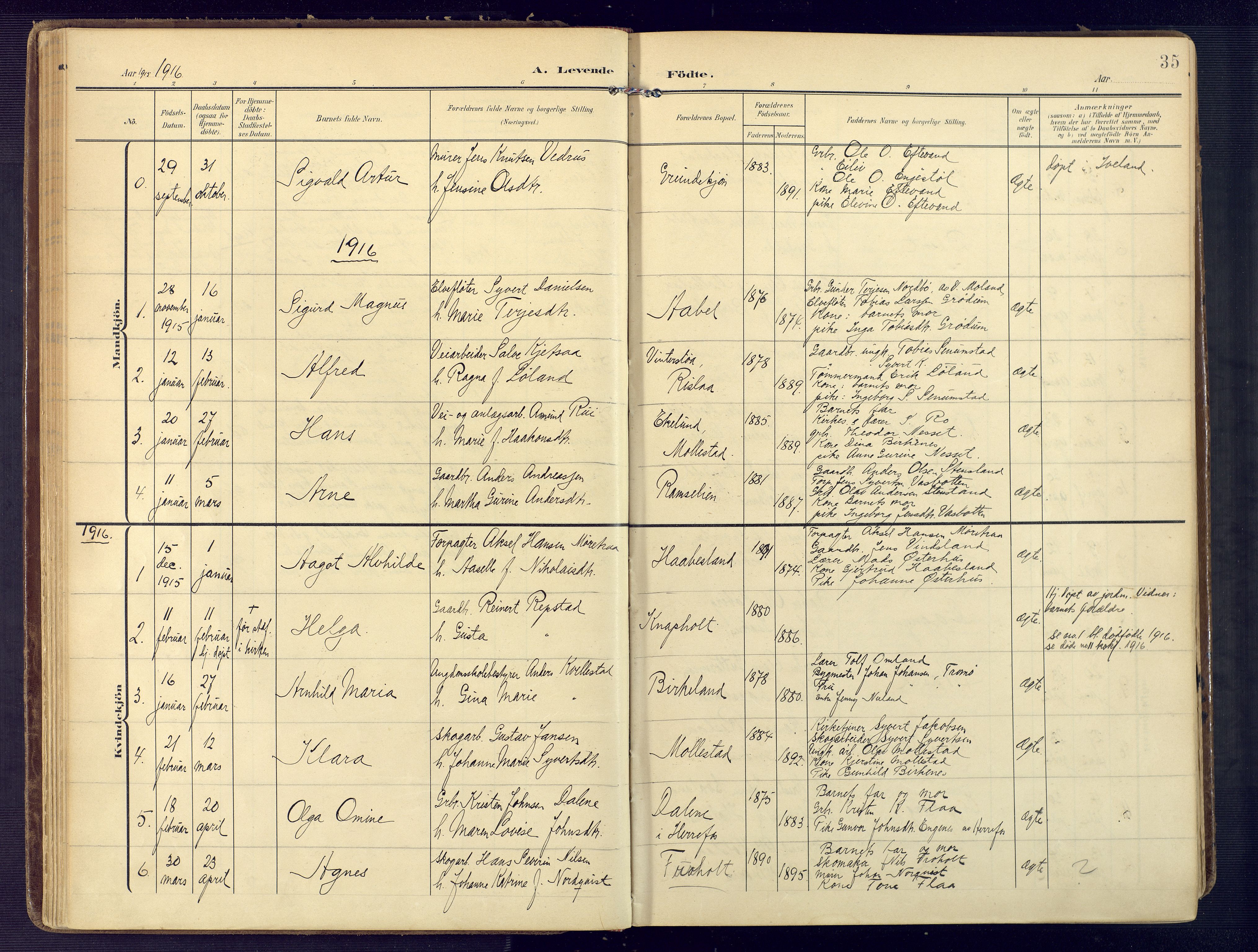 Birkenes sokneprestkontor, SAK/1111-0004/F/Fa/L0006: Parish register (official) no. A 6, 1908-1932, p. 35