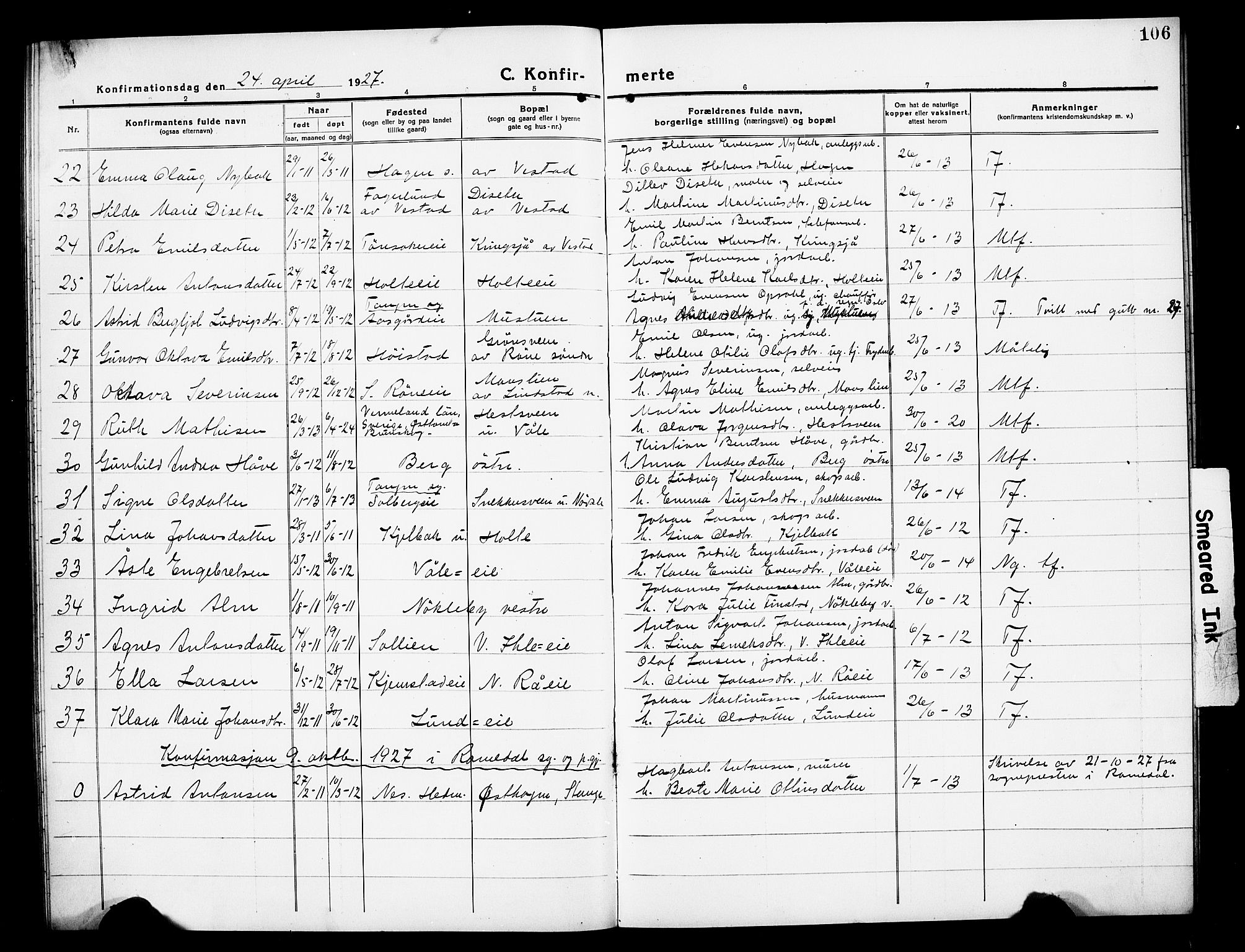 Stange prestekontor, AV/SAH-PREST-002/L/L0016: Parish register (copy) no. 16, 1918-1928, p. 106