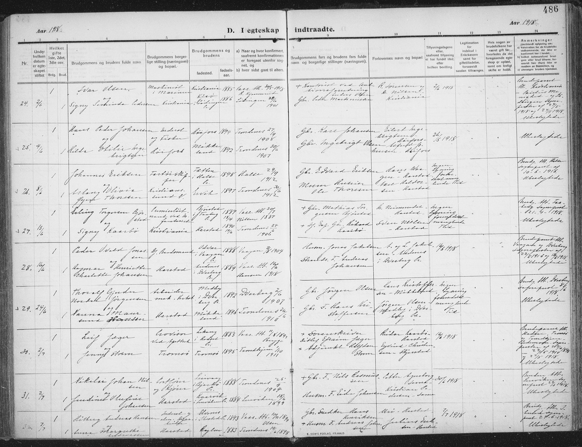 Trondenes sokneprestkontor, AV/SATØ-S-1319/H/Ha/L0018kirke: Parish register (official) no. 18, 1909-1918, p. 486