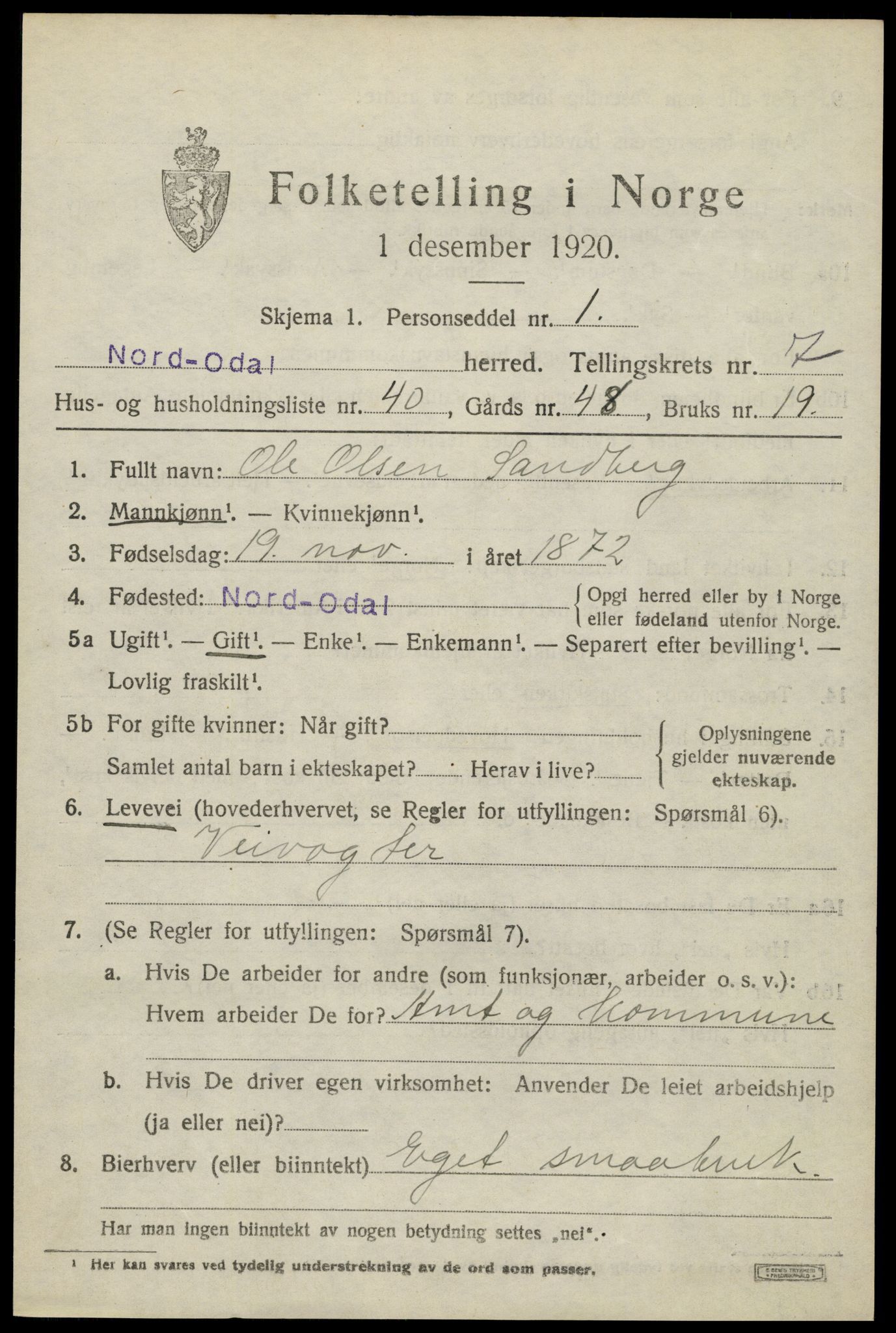 SAH, 1920 census for Nord-Odal, 1920, p. 7535