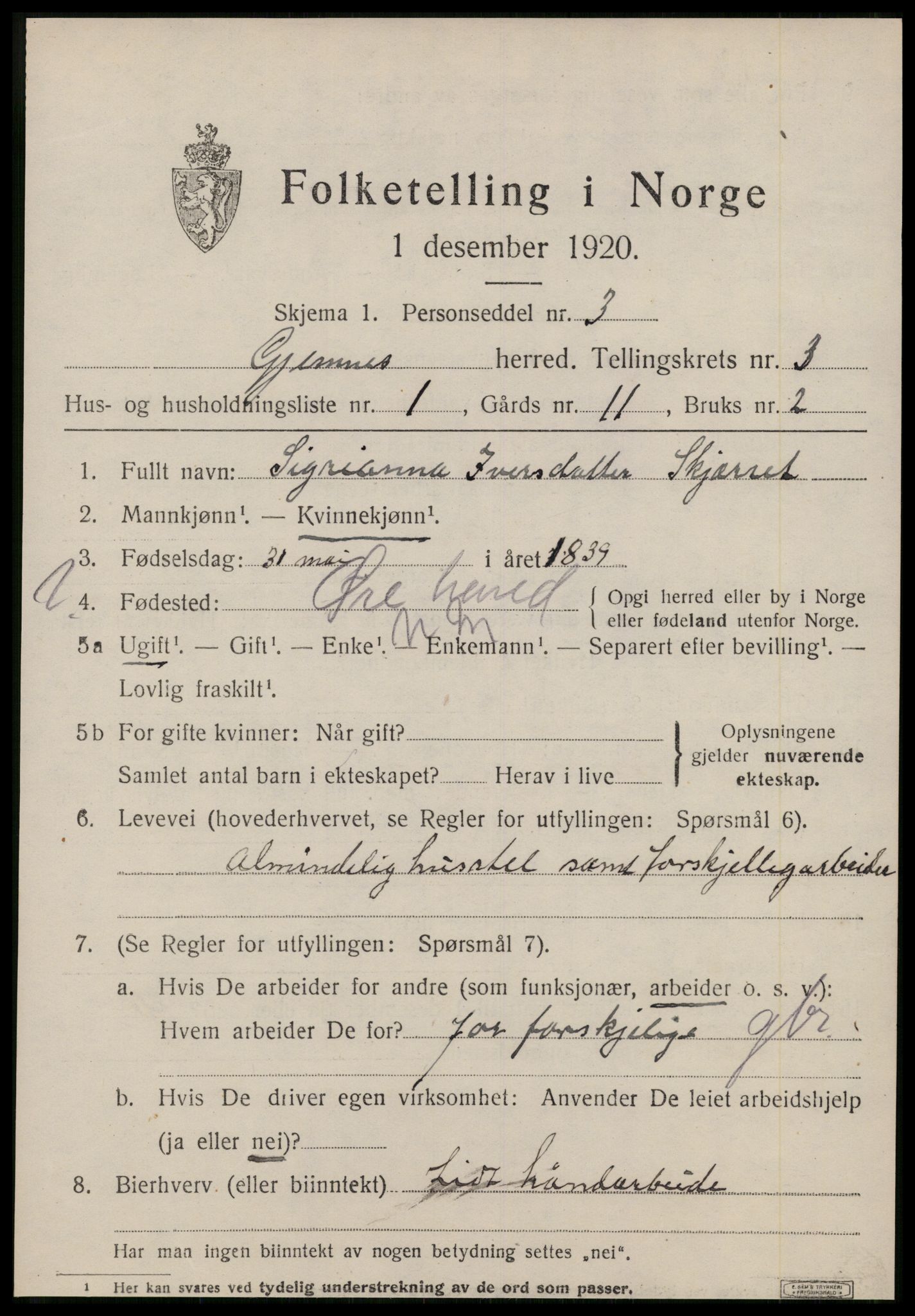 SAT, 1920 census for Gjemnes, 1920, p. 1206