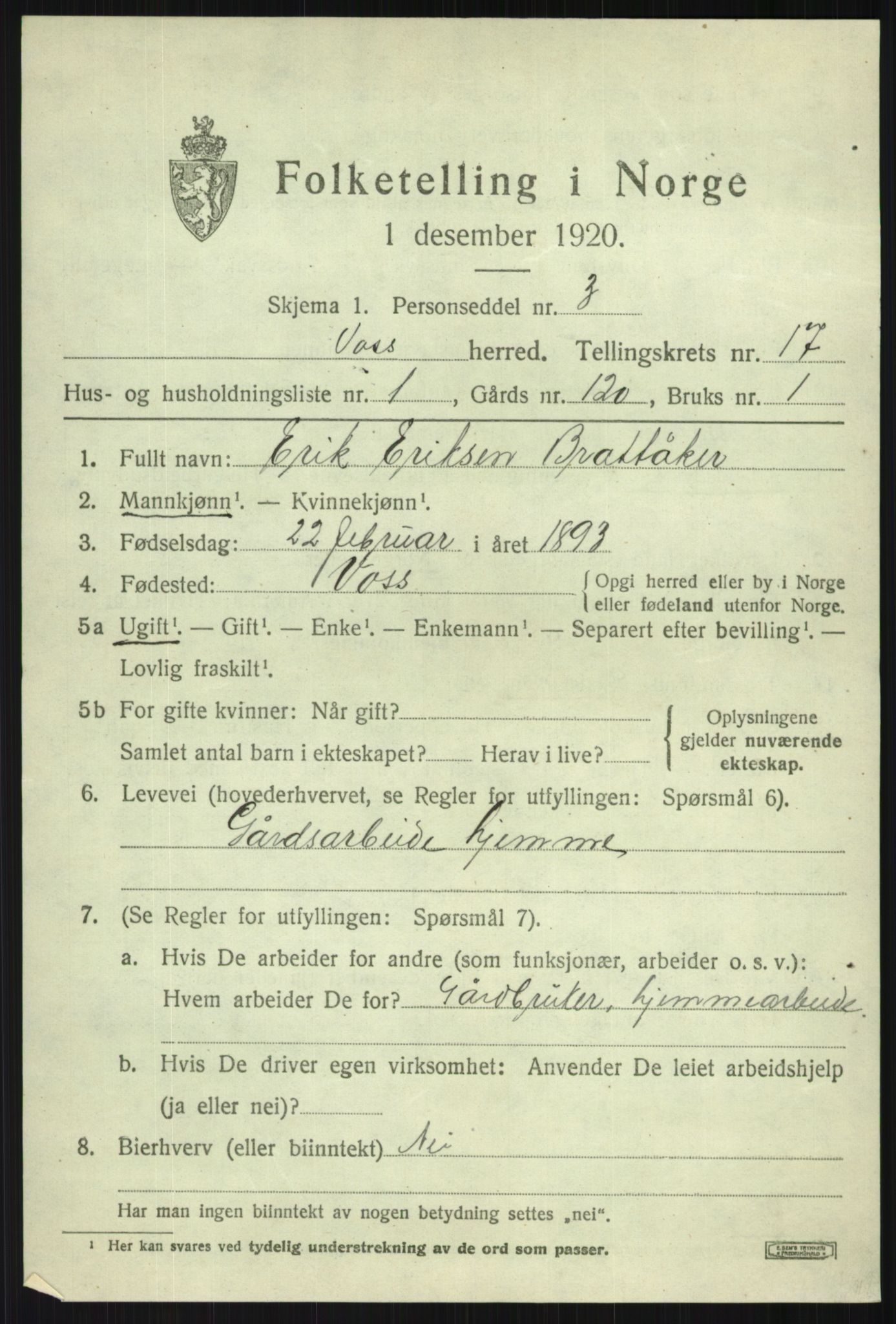 SAB, 1920 census for Voss, 1920, p. 13603