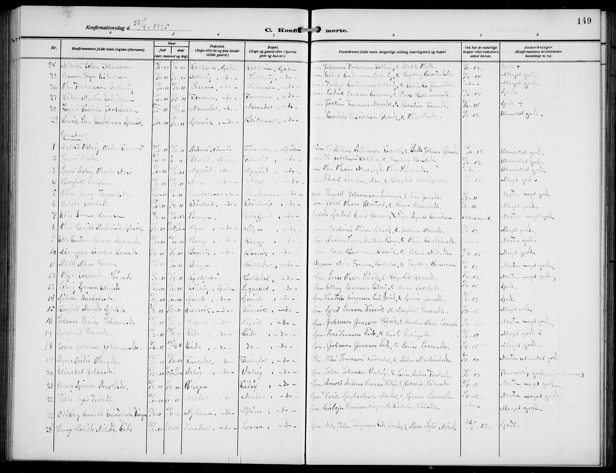 Gulen sokneprestembete, AV/SAB-A-80201/H/Hab/Habb/L0004: Parish register (copy) no. B 4, 1908-1936, p. 149