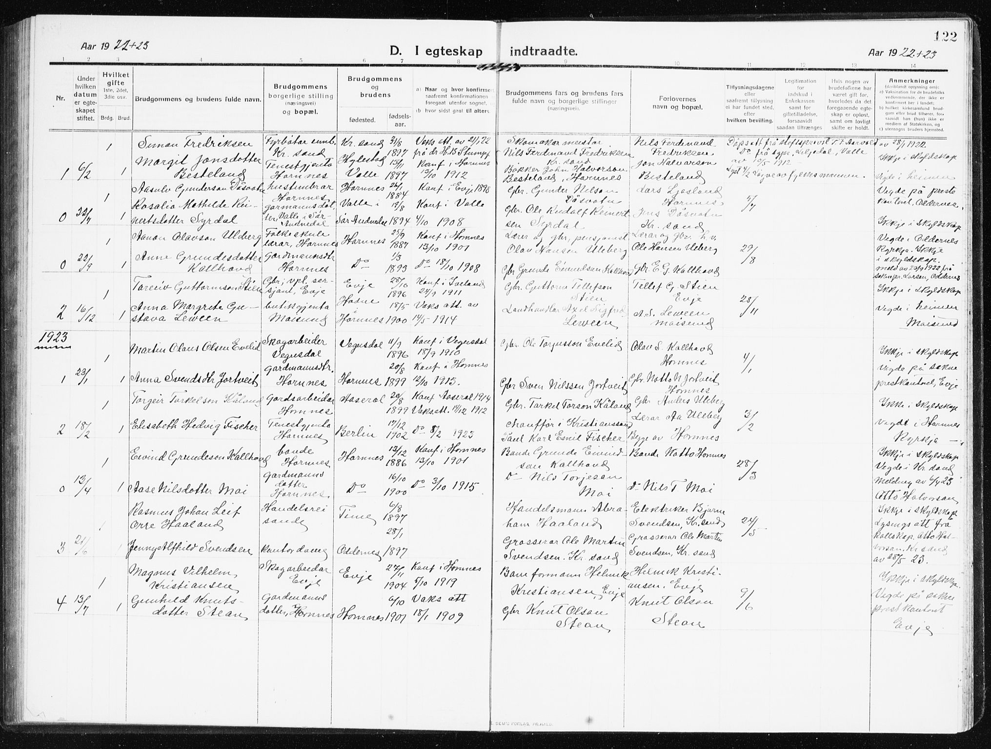 Evje sokneprestkontor, SAK/1111-0008/F/Fb/Fbb/L0003: Parish register (copy) no. B 3, 1910-1933, p. 122