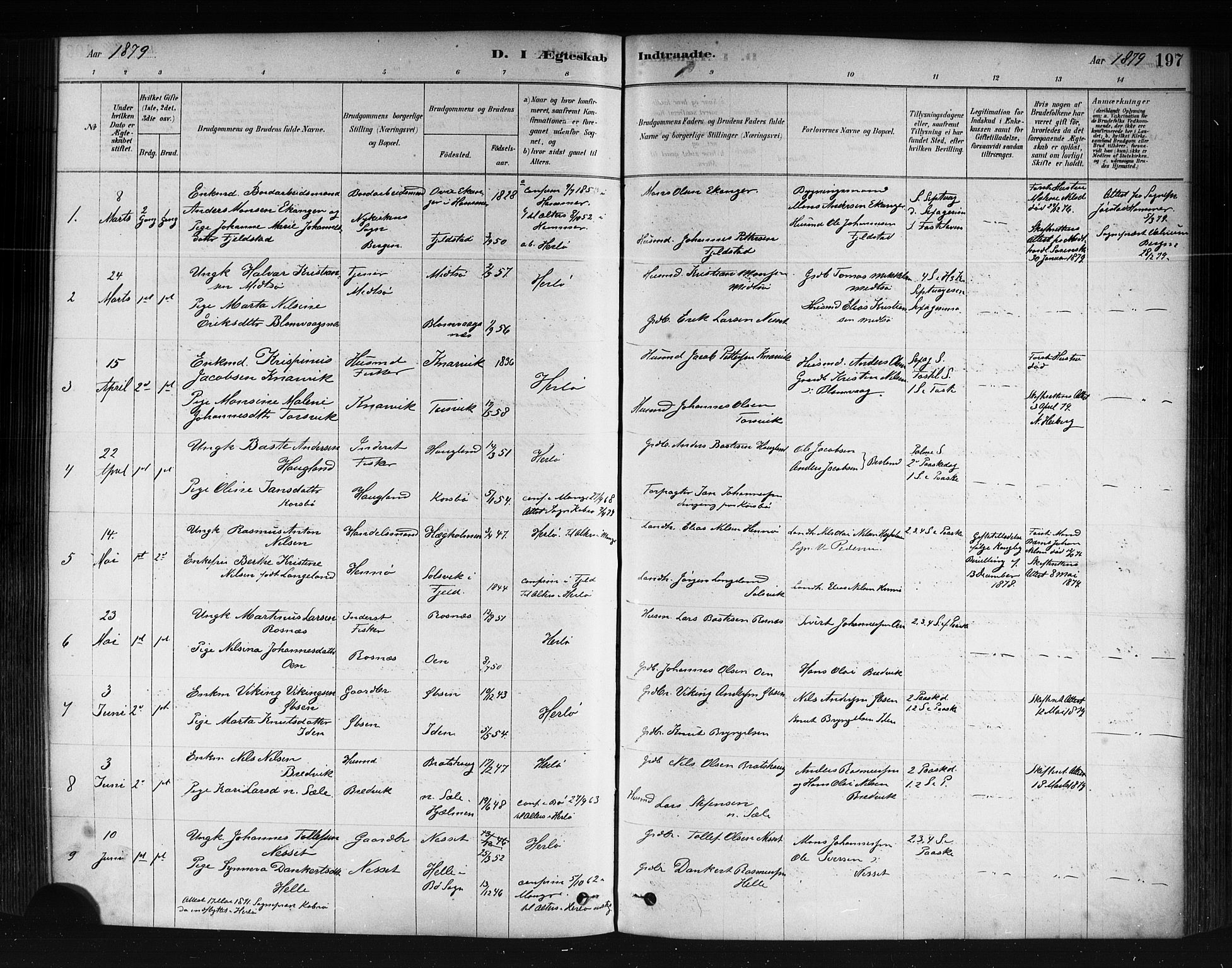 Herdla Sokneprestembete, SAB/A-75701/H/Haa: Parish register (official) no. A 3, 1878-1890, p. 197