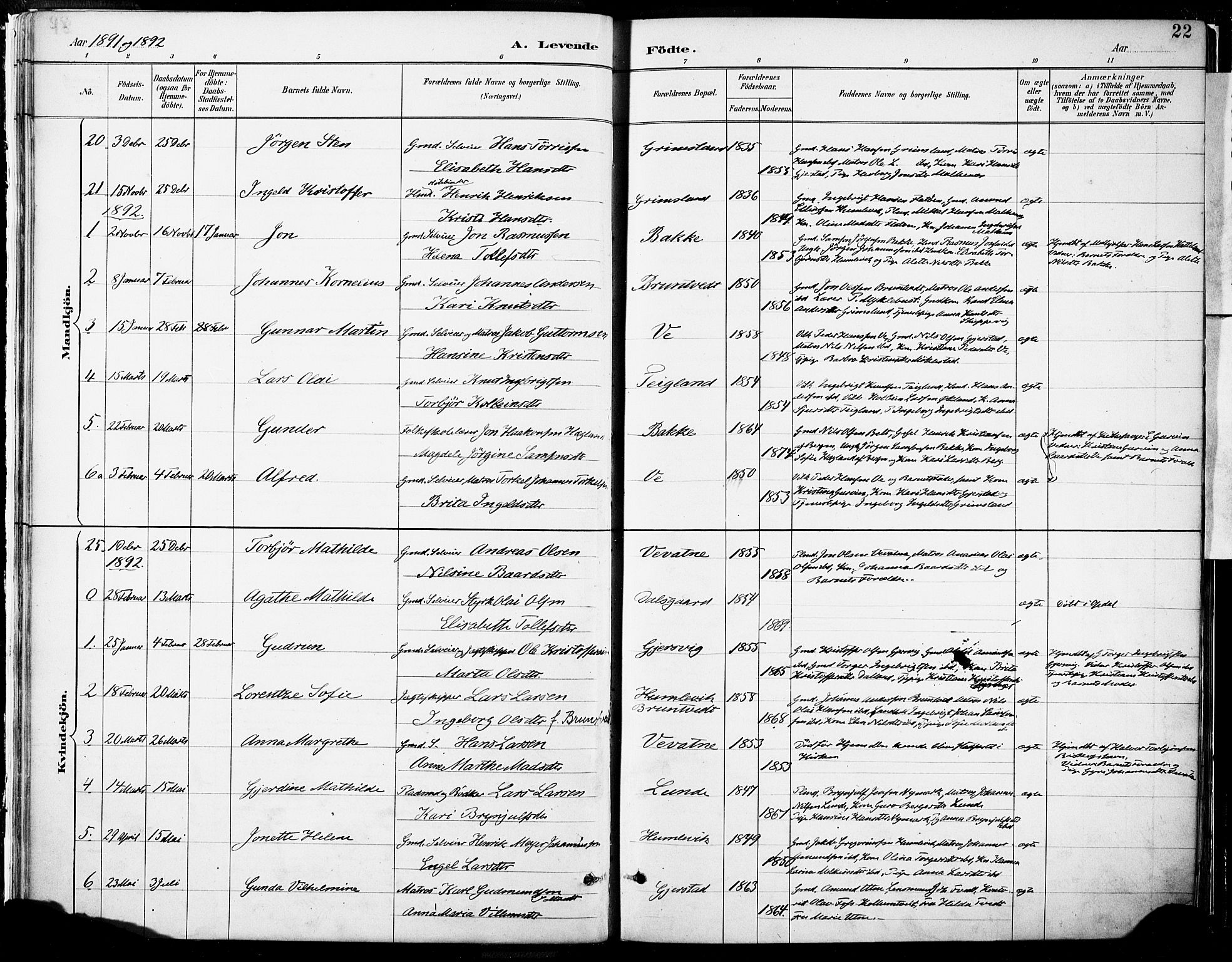 Tysnes sokneprestembete, SAB/A-78601/H/Haa: Parish register (official) no. B 1, 1887-1906, p. 22