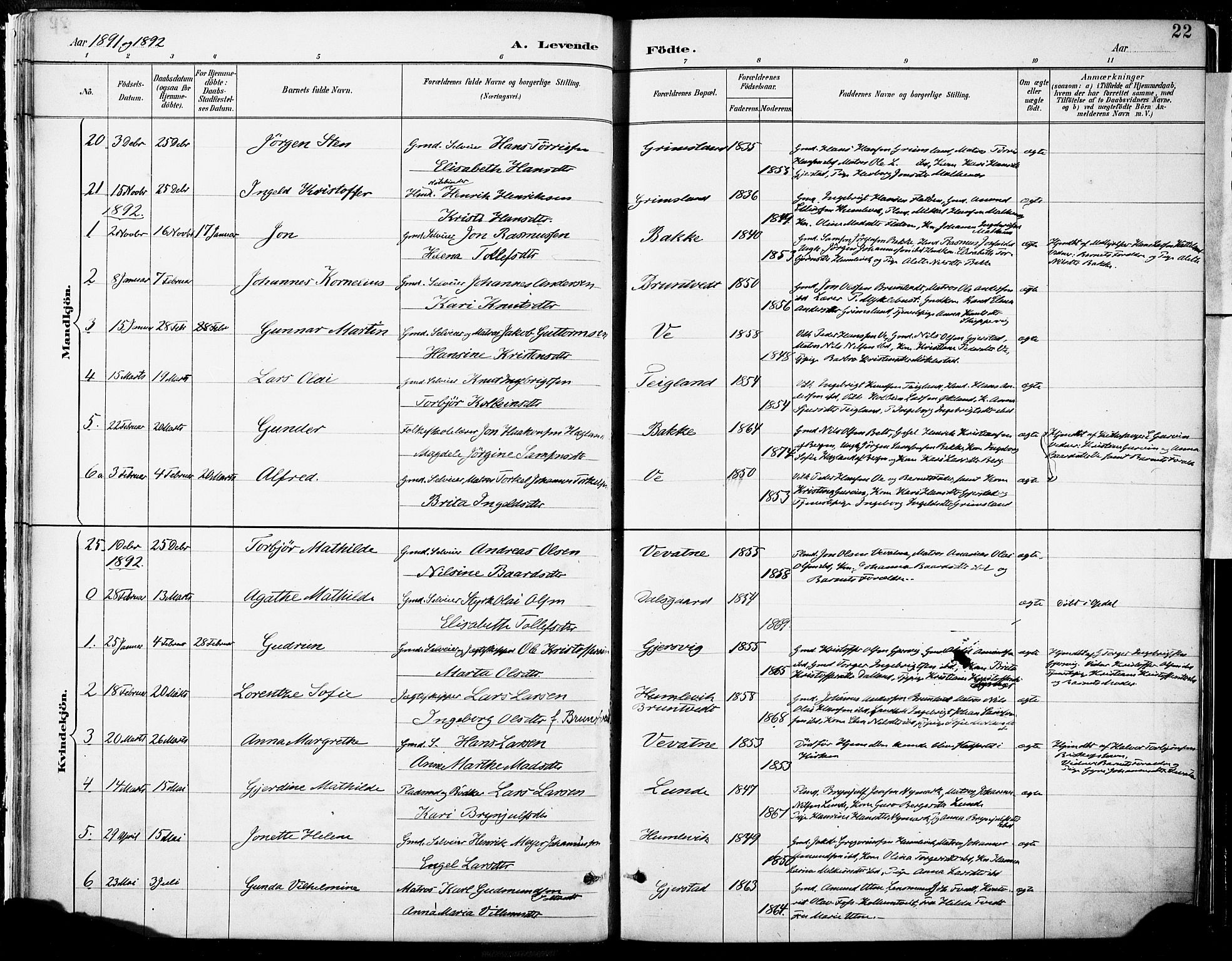 Tysnes sokneprestembete, AV/SAB-A-78601/H/Haa: Parish register (official) no. B 1, 1887-1906, p. 22