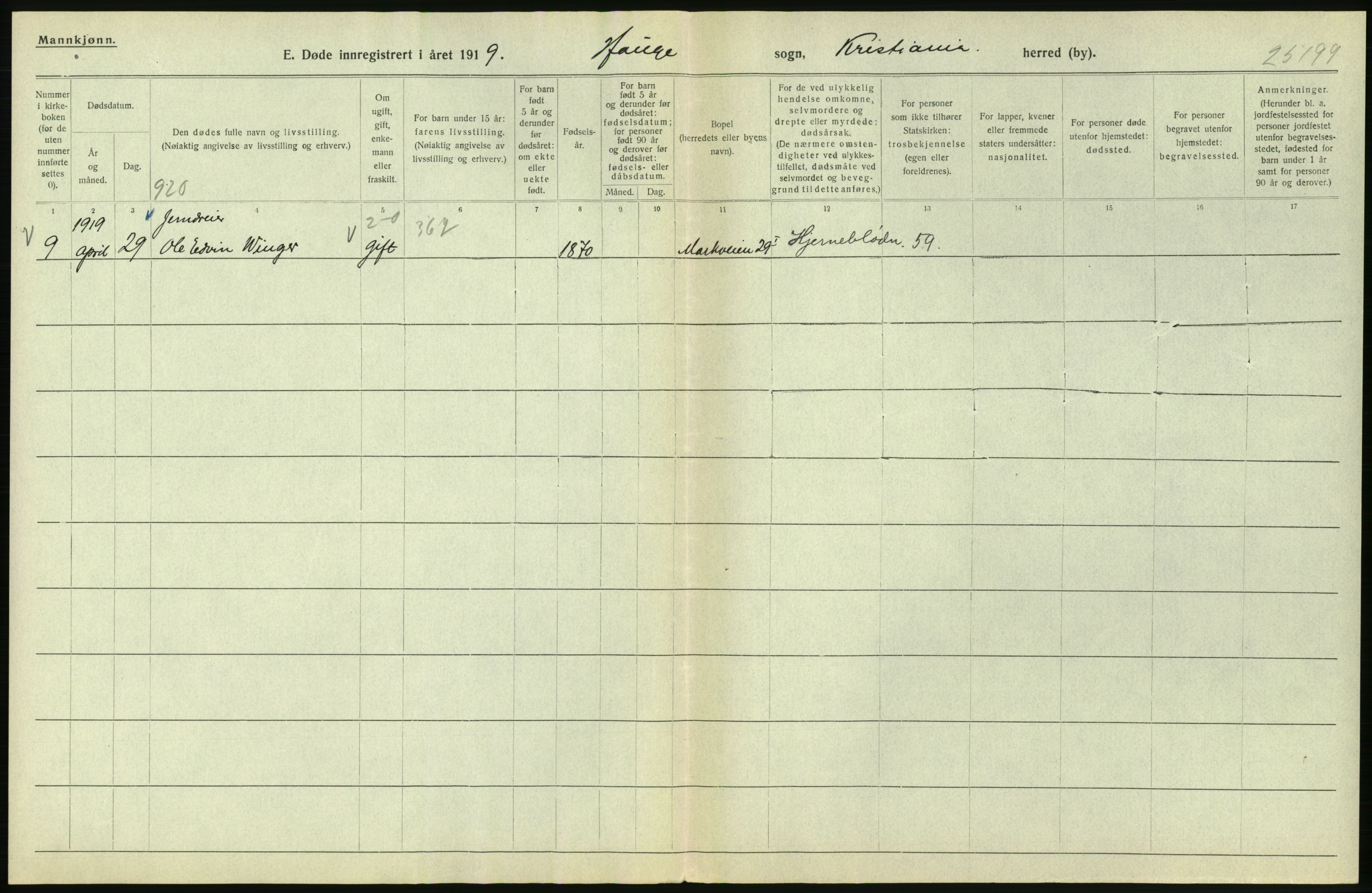 Statistisk sentralbyrå, Sosiodemografiske emner, Befolkning, RA/S-2228/D/Df/Dfb/Dfbi/L0010: Kristiania: Døde, 1919, p. 182