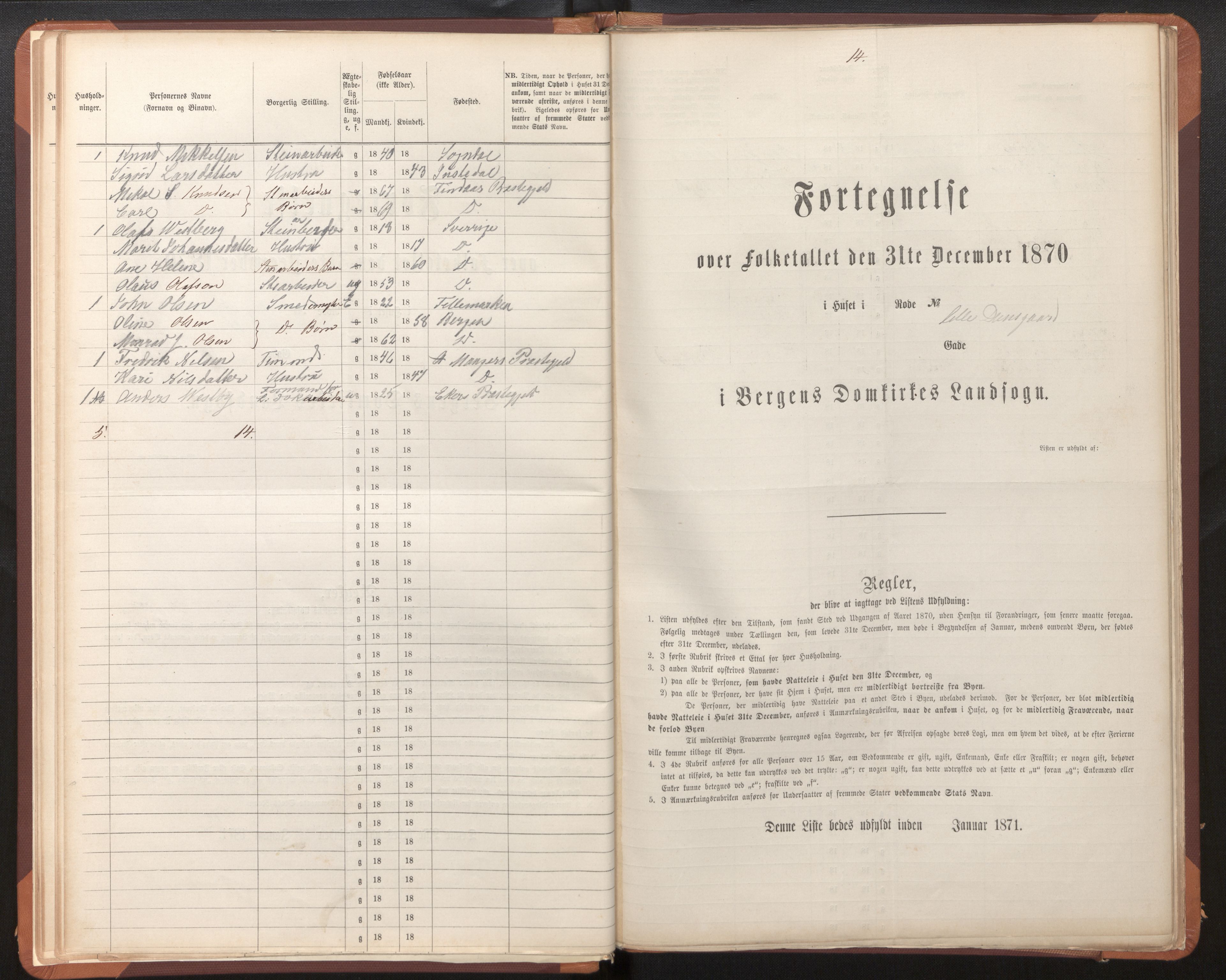 SAB, 1870 census for Bergen rural district, Domkirken local parish, 1870, p. 14