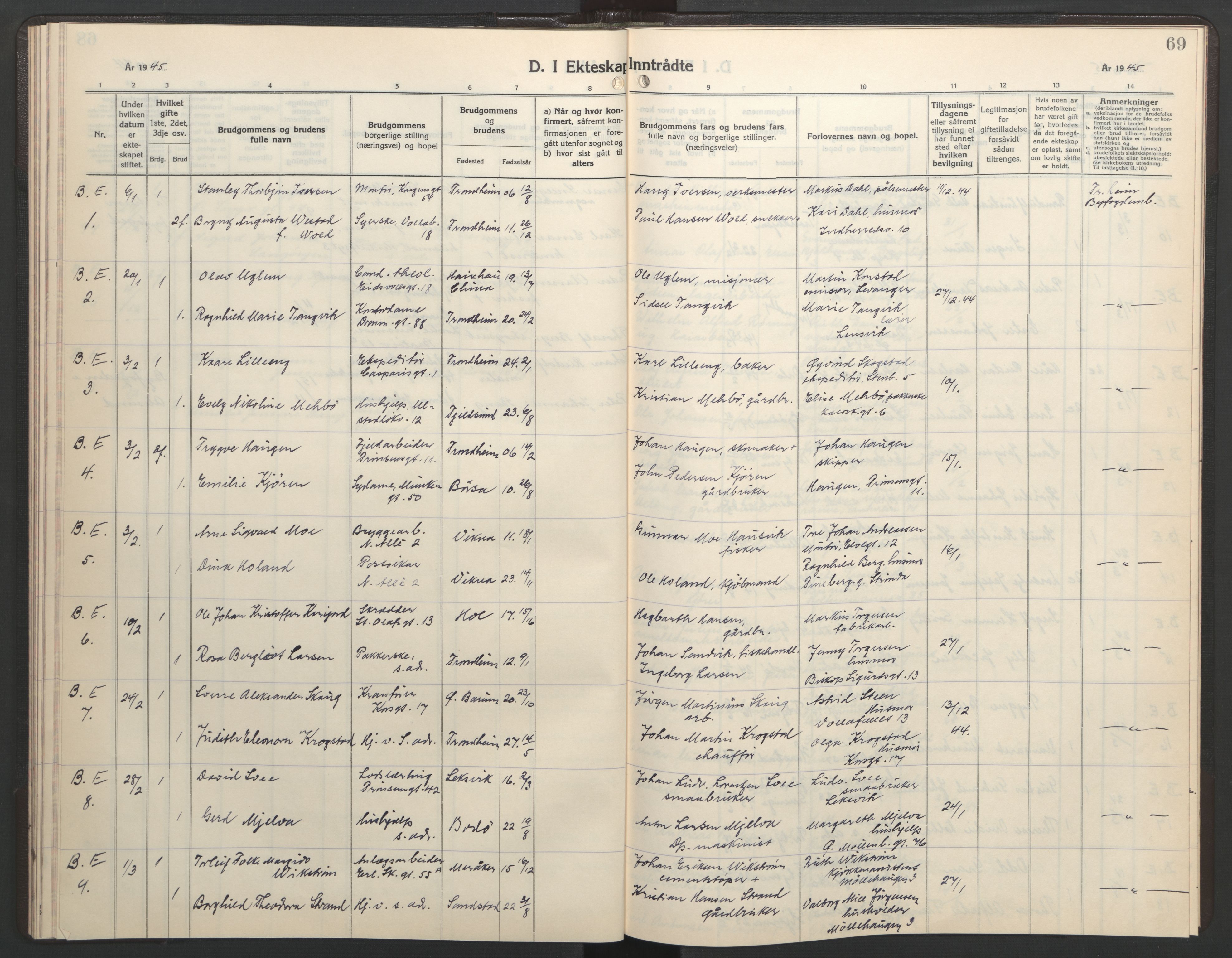 Ministerialprotokoller, klokkerbøker og fødselsregistre - Sør-Trøndelag, SAT/A-1456/602/L0154: Parish register (copy) no. 602C22, 1940-1947, p. 69