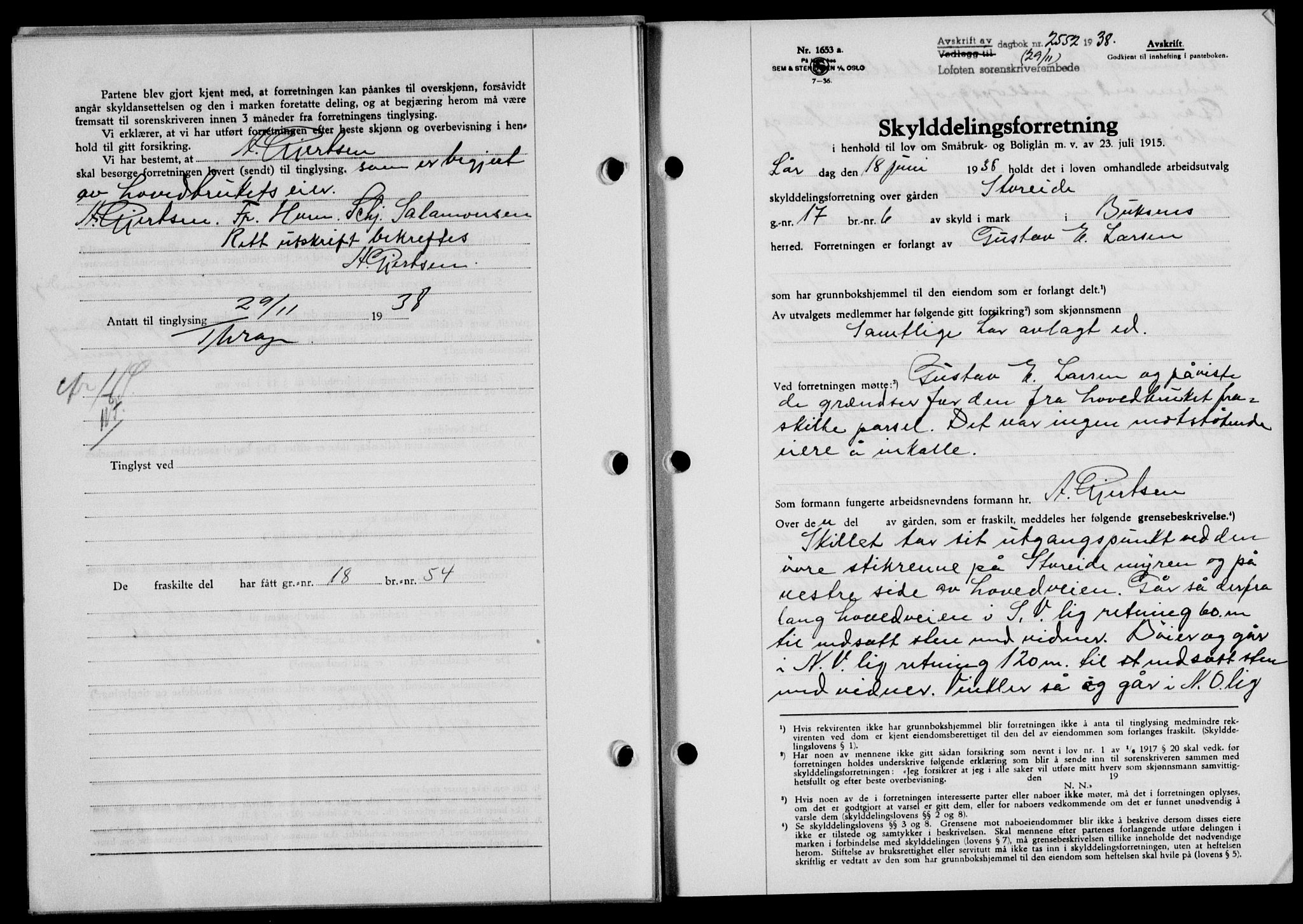 Lofoten sorenskriveri, SAT/A-0017/1/2/2C/L0004a: Mortgage book no. 4a, 1938-1938, Diary no: : 2552/1938