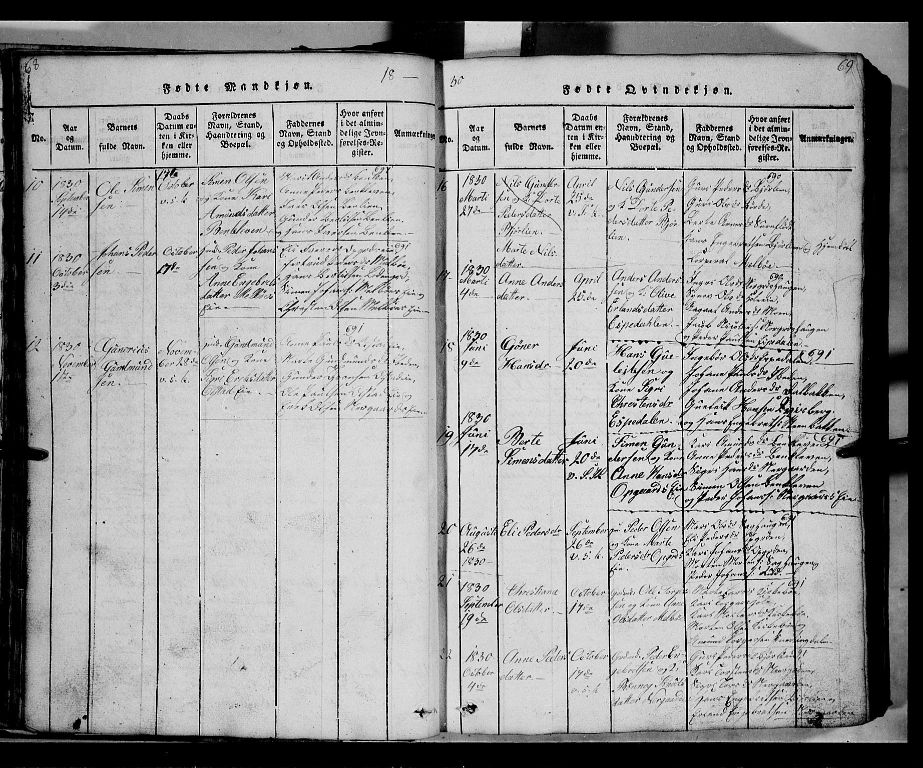 Gausdal prestekontor, SAH/PREST-090/H/Ha/Hab/L0002: Parish register (copy) no. 2, 1818-1874, p. 68-69