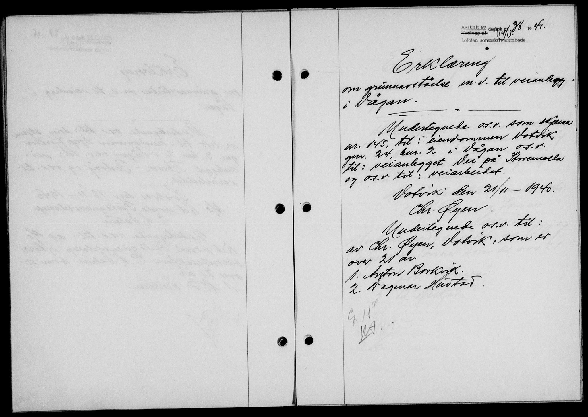 Lofoten sorenskriveri, SAT/A-0017/1/2/2C/L0008a: Mortgage book no. 8a, 1940-1941, Diary no: : 38/1941