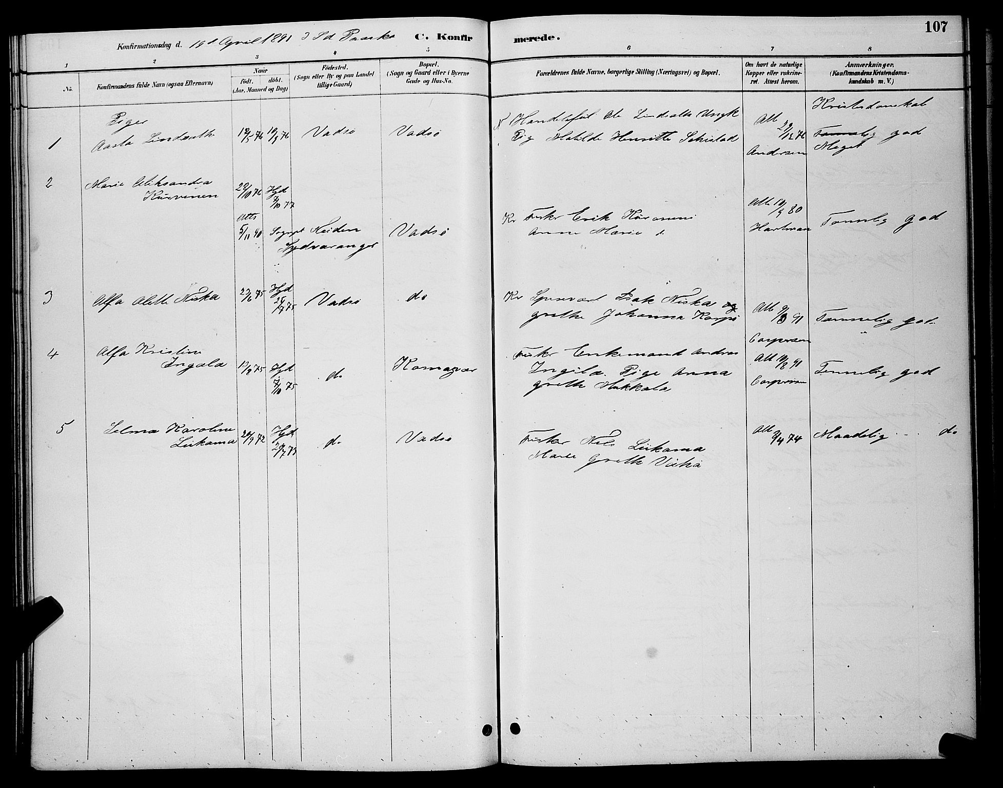 Vadsø sokneprestkontor, AV/SATØ-S-1325/H/Hb/L0004klokker: Parish register (copy) no. 4, 1885-1895, p. 107