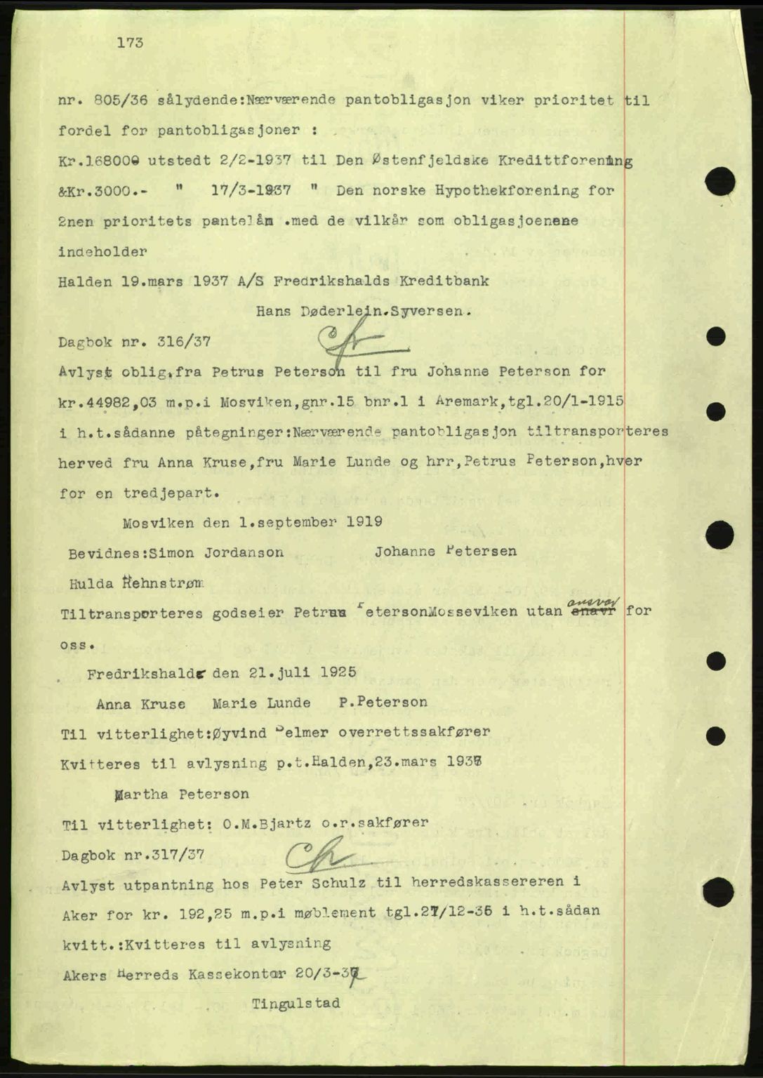 Idd og Marker sorenskriveri, AV/SAO-A-10283/G/Gb/Gbc/L0001: Mortgage book no. B1-3, 1936-1939, Diary no: : 316/1937