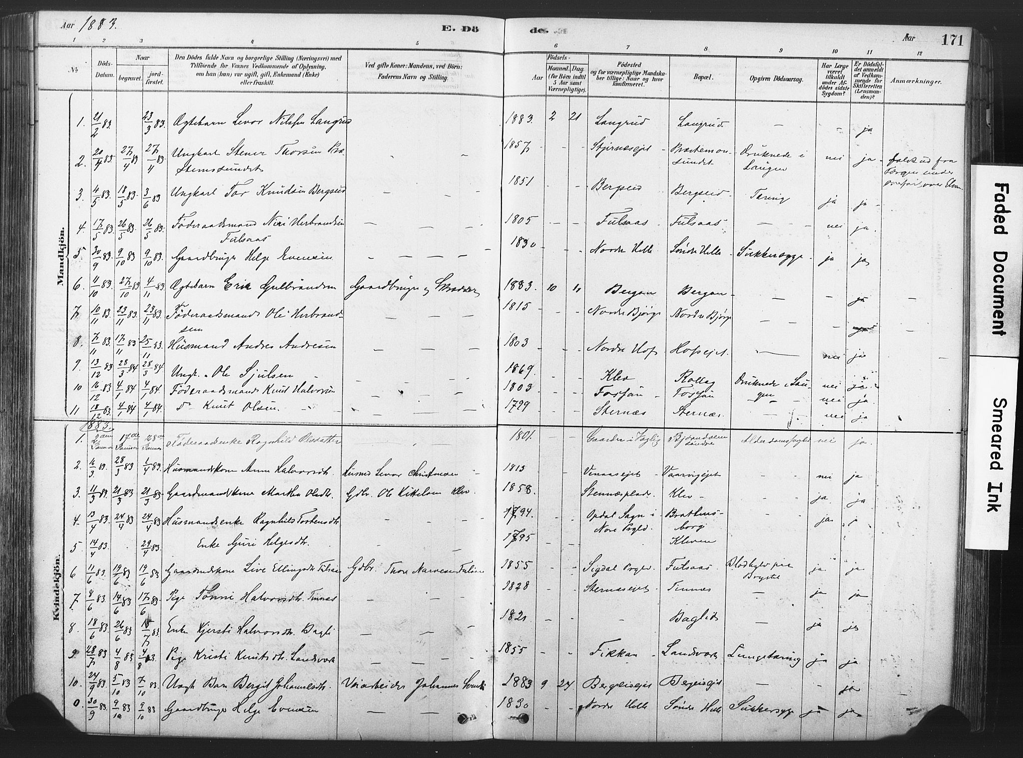 Rollag kirkebøker, AV/SAKO-A-240/F/Fa/L0011: Parish register (official) no. I 11, 1878-1902, p. 171