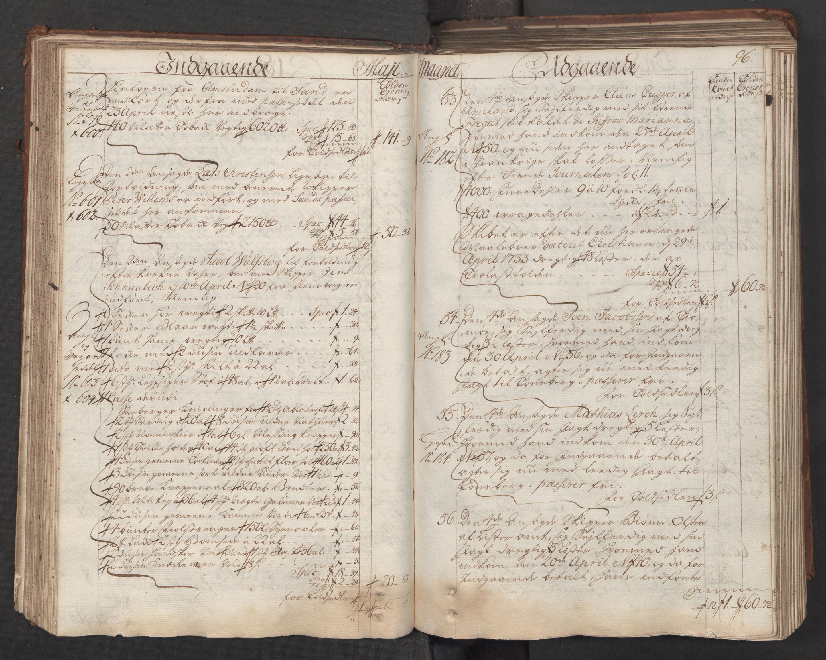 Generaltollkammeret, tollregnskaper, AV/RA-EA-5490/R06/L0015/0001: Tollregnskaper Kristiania / Hovedtollbok, 1733, p. 95b-96a