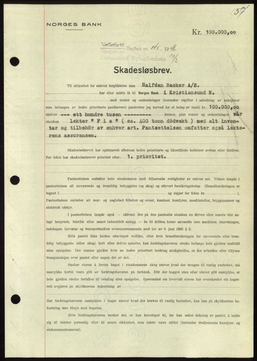 Kristiansund byfogd, AV/SAT-A-4587/A/27: Mortgage book no. 40, 1946-1946, Diary no: : 145/1946